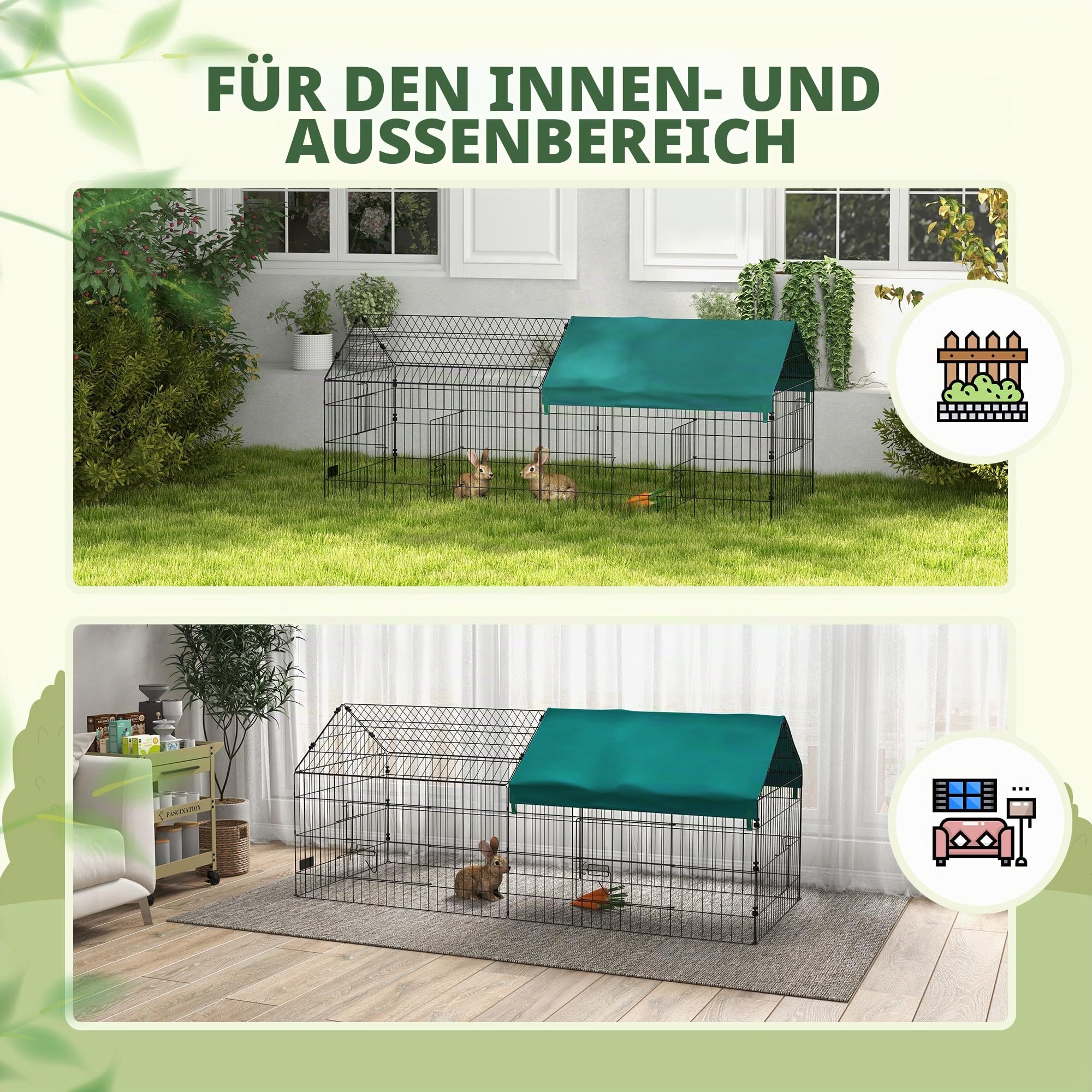 PawHut Freilaufgehege für den Außenbereich, 185 x 75 x 75 cm, Stahlstruktur mit 4 verschließbaren Türen und Schutz vor Sonnenblende, Dach, geeignet für Meerschweinchen, Schildkröten, Hühner, Nagetiere