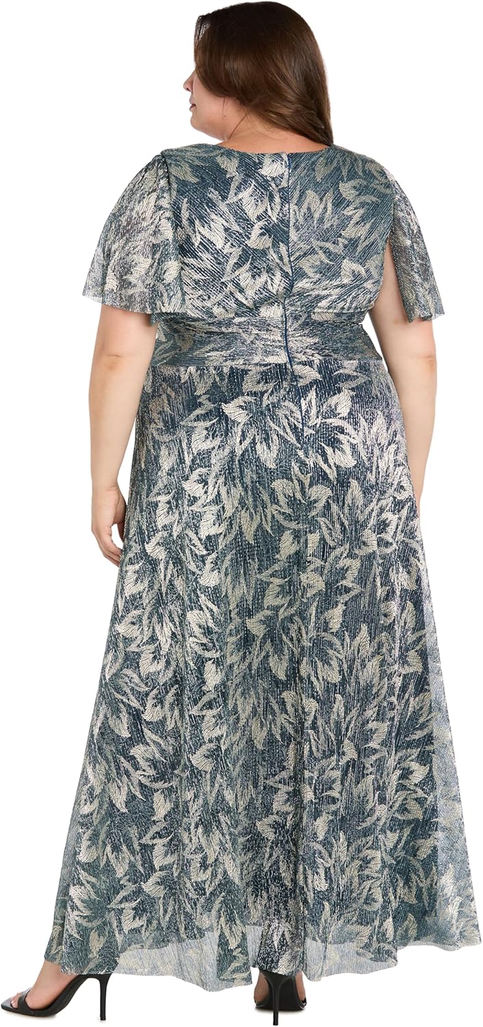 R&M Richards Women's Long Metallic Printed Maxi Dress - Evening Gown W/Flutter Sleeves, Ruched Waist & Back Zipper - Image 6
