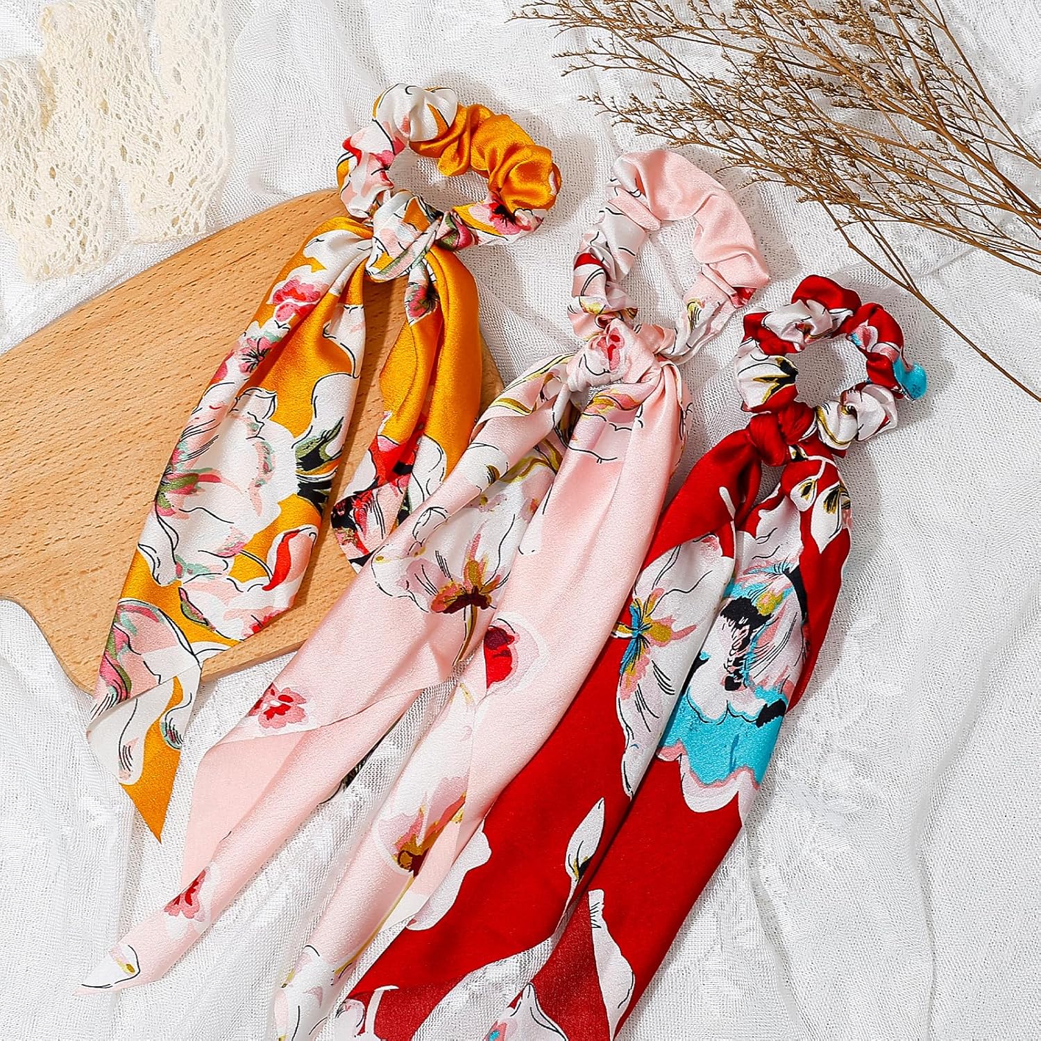 5-Piece Flower Printed Knotted Scarf Scrunchies for Women & Girls, Cute Floral Print Knot Elastic Ribbon Ponytail Holder Hair Ties, Bow No Damage Hair Accessories (Flower01) - Image 4