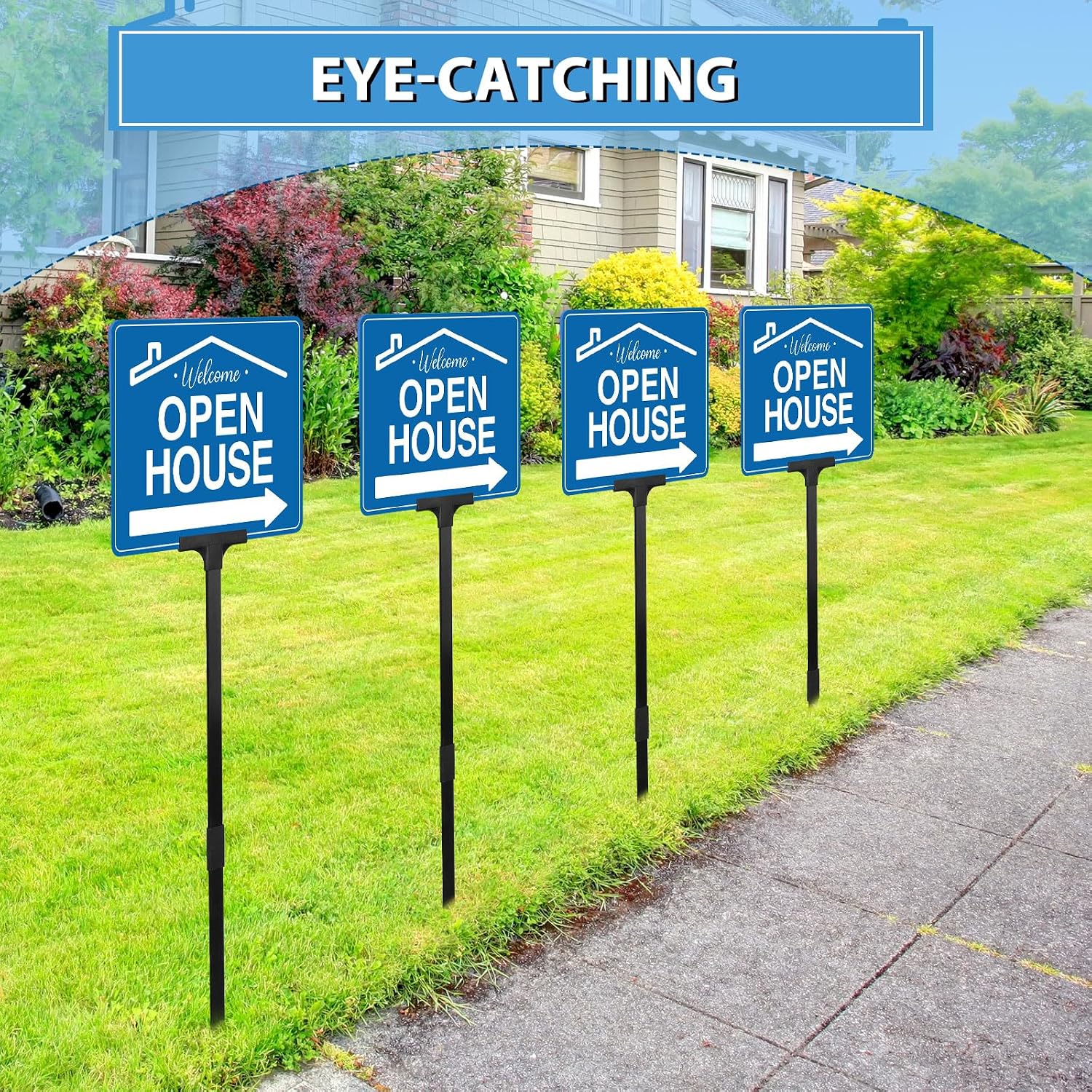 4 Pack Open House Signs for Real Estate Double-Sided Aluminum Yard Signs 15.7" x11.8" with Adjustable 32" Plastic Stakes UV Ink Outdoor Metal Yard Directional Arrows Agent Supplies(Blue)