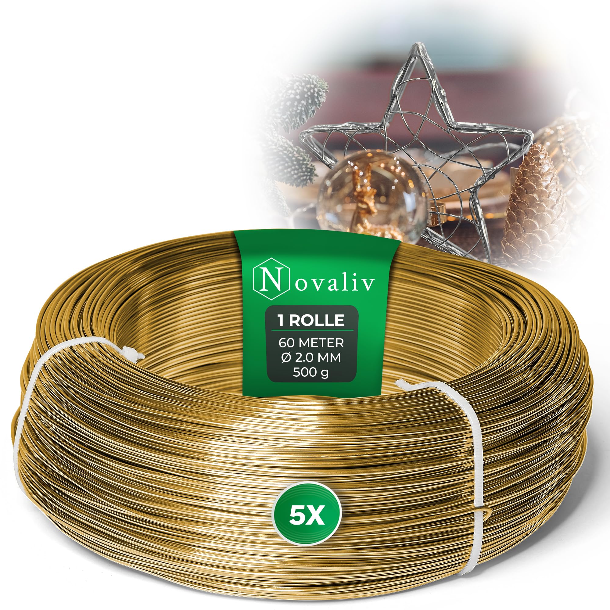 Novaliv Rouleau de fil d'aluminium de 300 m - 2 mm - Doré - Idéal comme fil flexible pour travaux manuels, projets de bricolage et décorations - Rouleau de 60 m de fil décoratif - Fil à fleurs - Pas