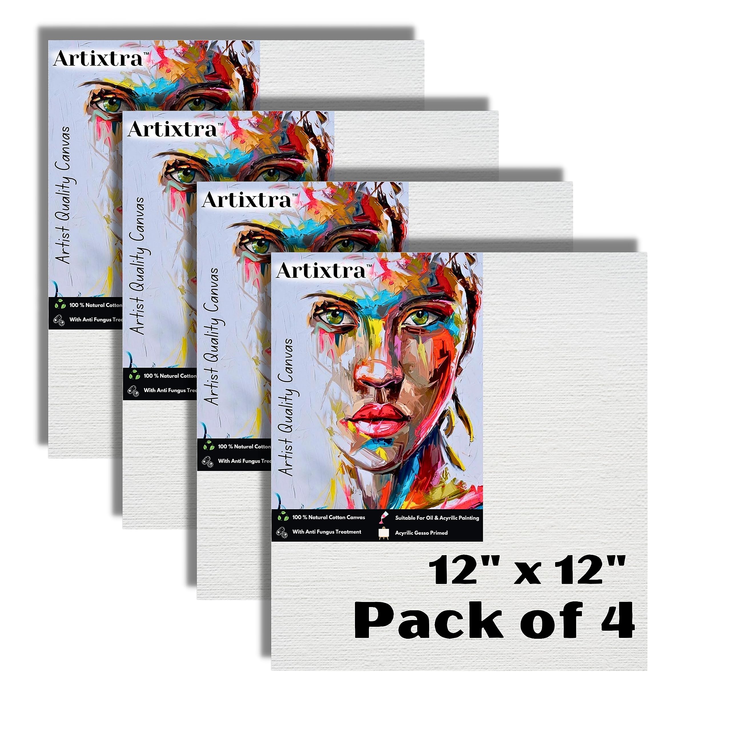 Artixtra Medium Grain Cotton Canvas Board for Painting, 7OZ Primed, 12 x 12 inch, Set of 4 (White)