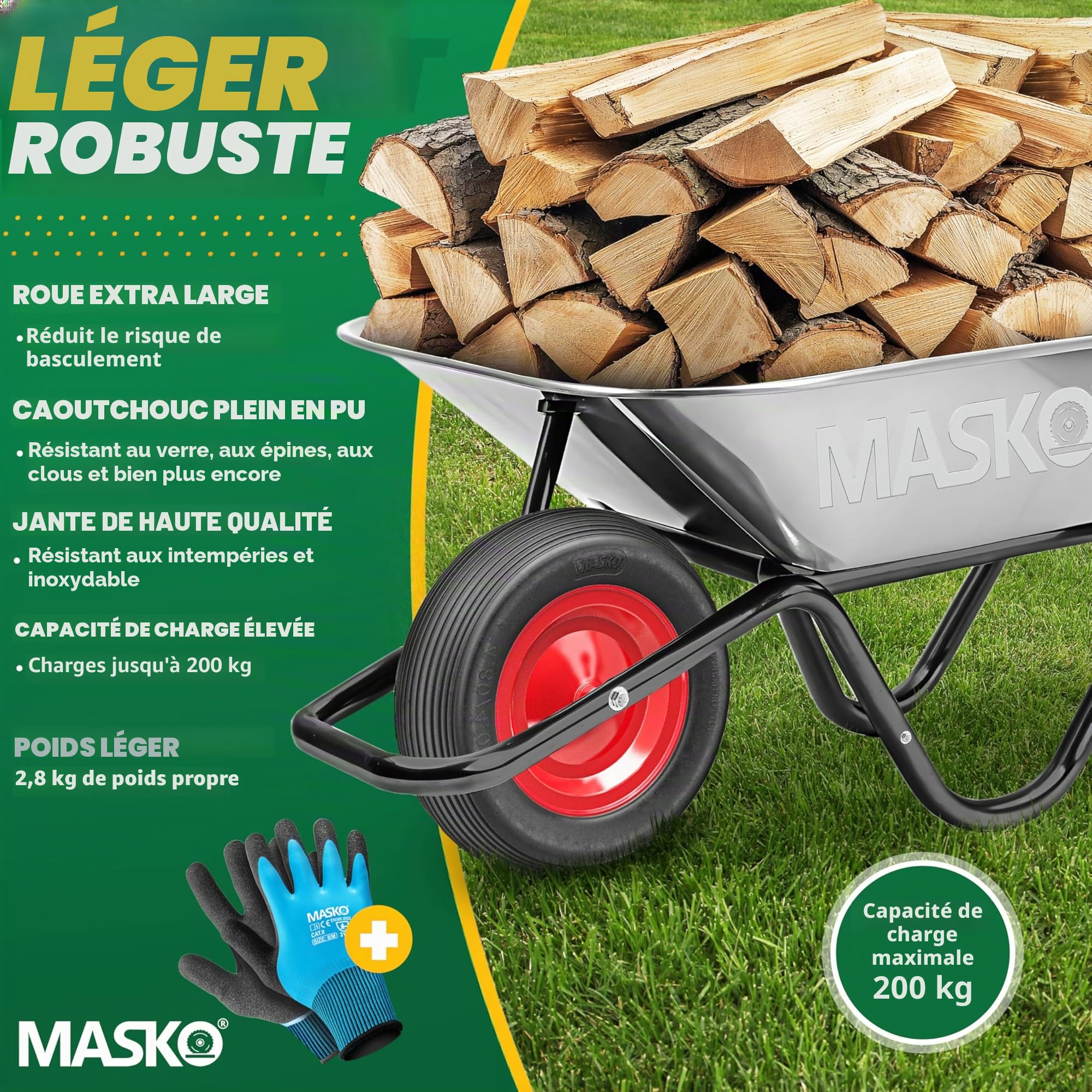 MASKO® Roue de brouette PU en caoutchouc plein 200 kg increvable 4,80/4,00-8 Ø 390 mm incl. essieu Roue de remplacement Roue en caoutchouc jante en acier Pneu increvable pour brouette