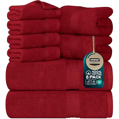 Utopia Towels 8 Piece Premium Towel Set, 2 Bath, 2 Hand, and 4 Wash Cloths, 600 GSM 100% Ring Spun Cotton, Highly Absorbent Towels for Bathroom, Gym, Hotel, and Spa, Red