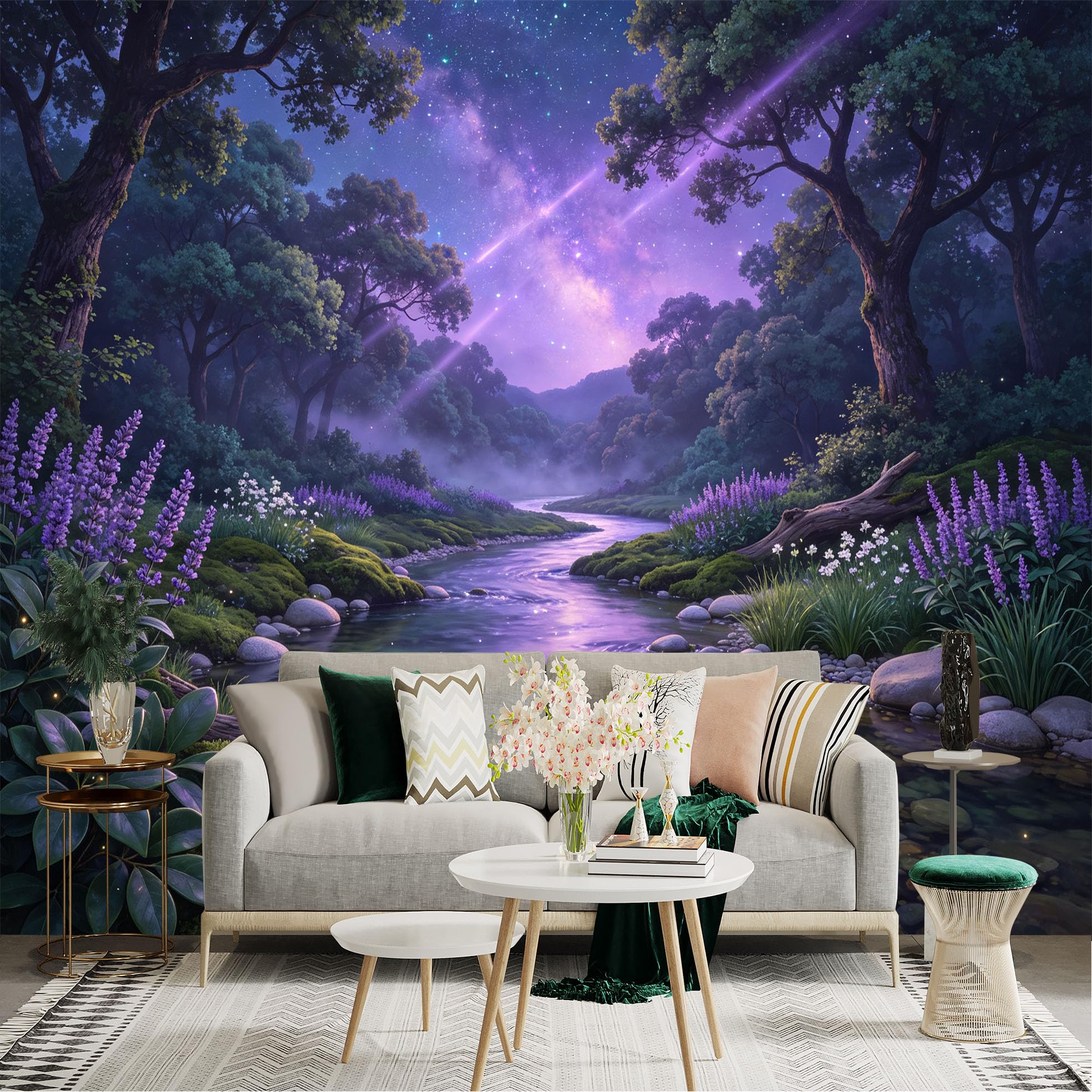 Lnzczhyre Bh260719242 Custom Size Wall Sticker Mural， Enchanted Purple River， Mystical Forest Landscape， Glowing Nebula Sky， Serene Woodland Scenery， For Wall Decoration， Peelandstick Wall Decals.