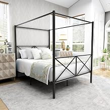 Metal Canopy Bed Frame Easy Set-Up Steel Platform Bed No Box Spring Needed Queen, Black