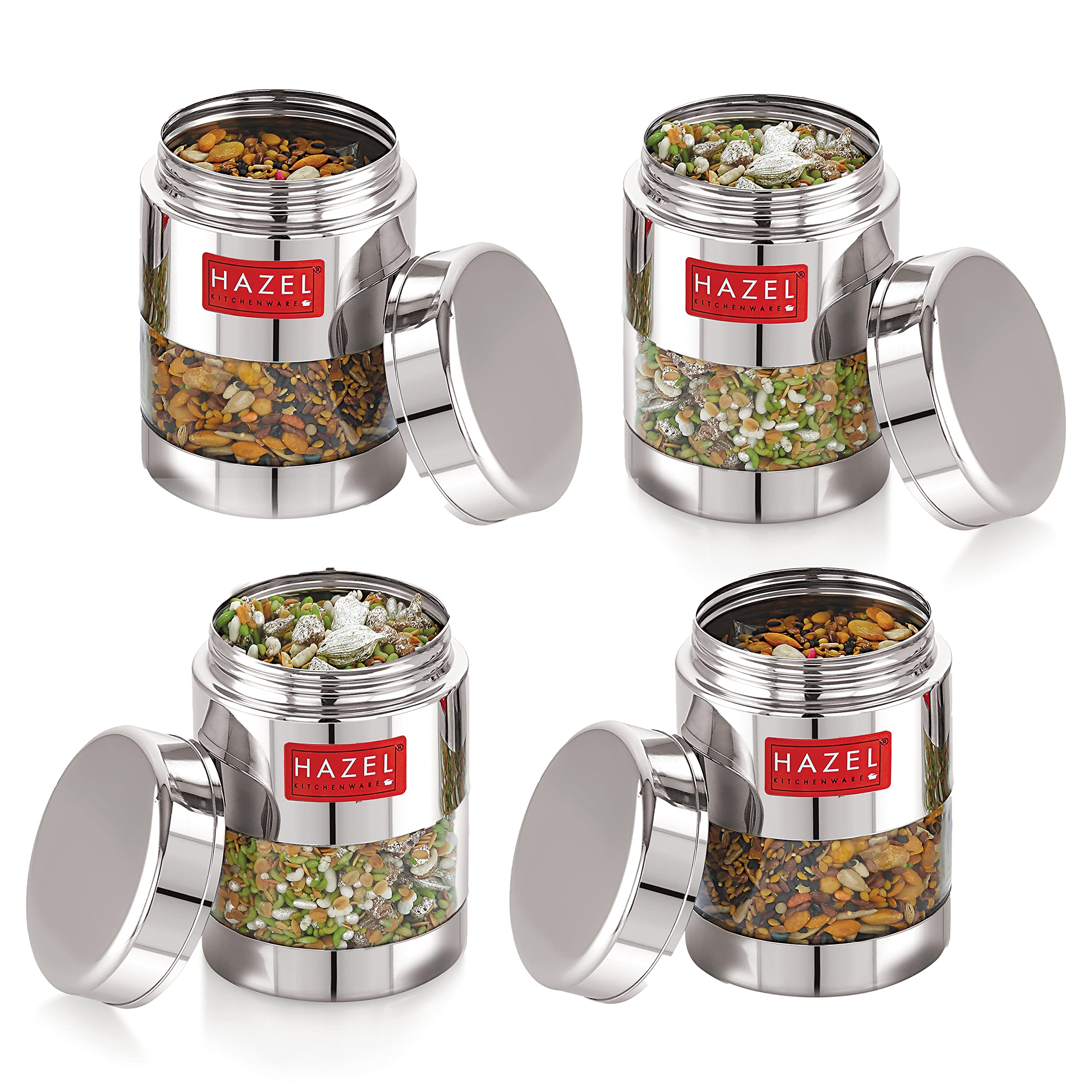 HAZEL Stainless Steel Mukhwas Container | 300 ml See Through Small Containers for Kitchen Storage Set | Transparent Airtight Jars, Set of 4