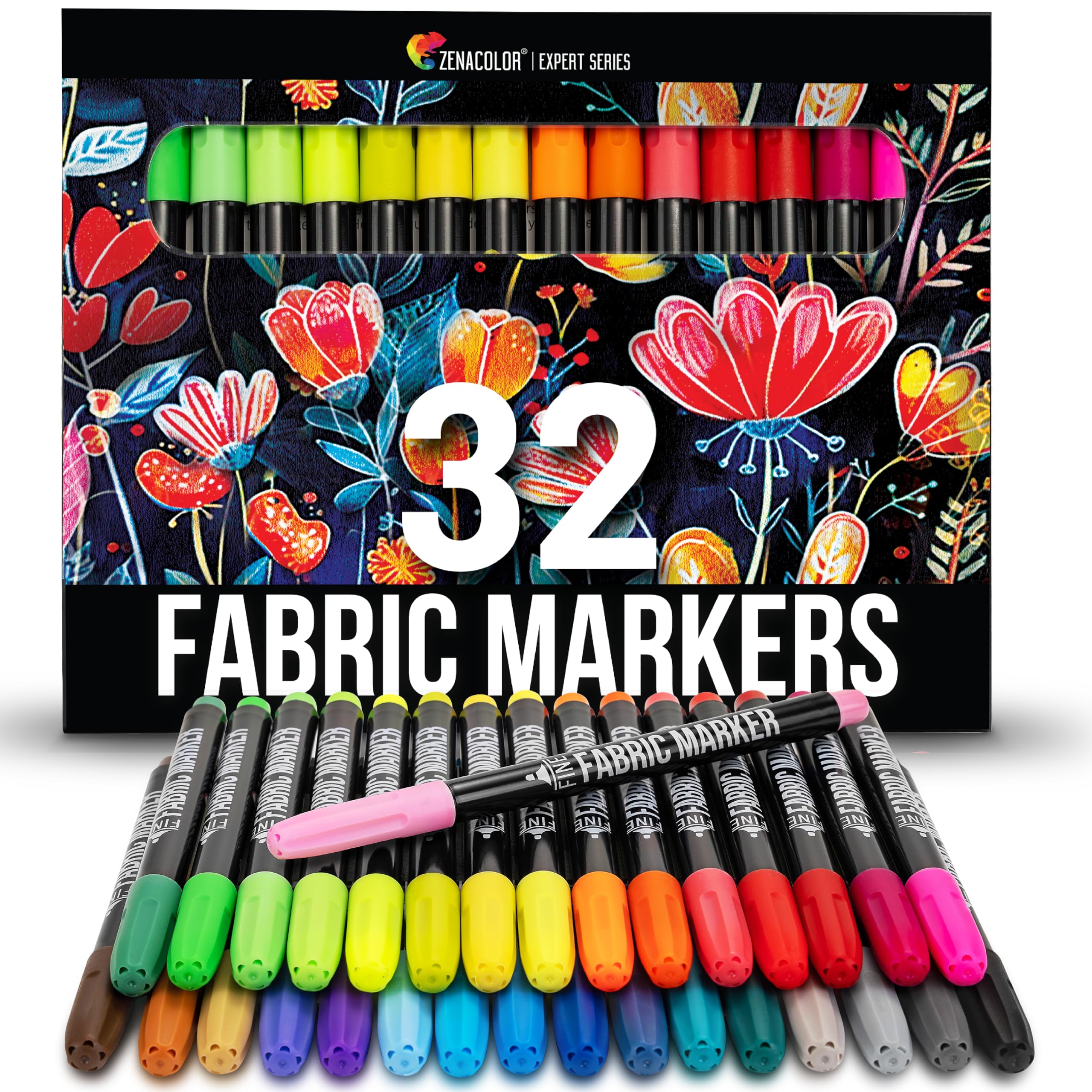 Zenacolor 32 Fabric Markers Pens - Non Toxic, Indelible and Permanent Fabric Paint Pens - Fine Point Tip Textile Marker Pen