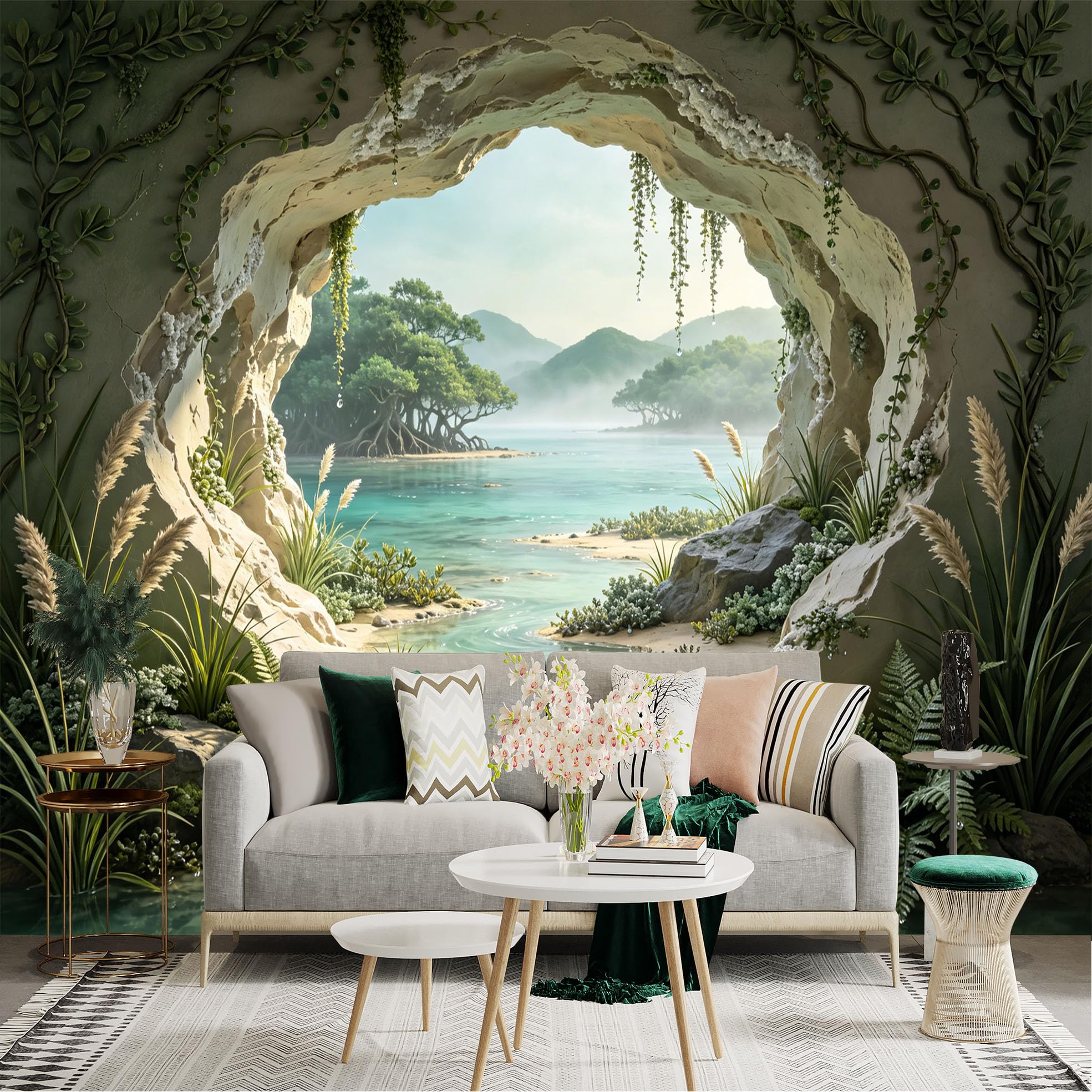 Custom Size Wall Sticker Mural， Cave View with Tropical Lagoon， Greenery and Misty Mountains， for wall Decoration， peelandstick wall Decals.