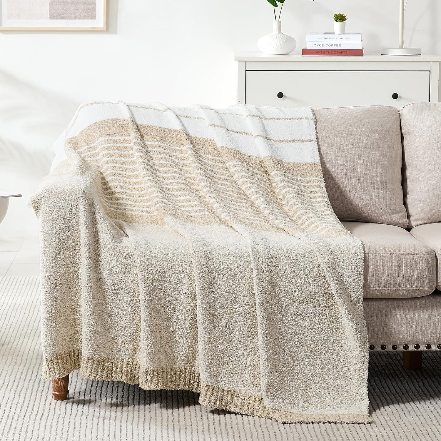 Throw Blanket, Taupe White Soft Cozy Fluffy Striped Throw Blankets for Couch, Sofa, Bed, Chair, Warm Fuzzy Plush Lightweight Decorative Stripe Blanket, 50x60 inches