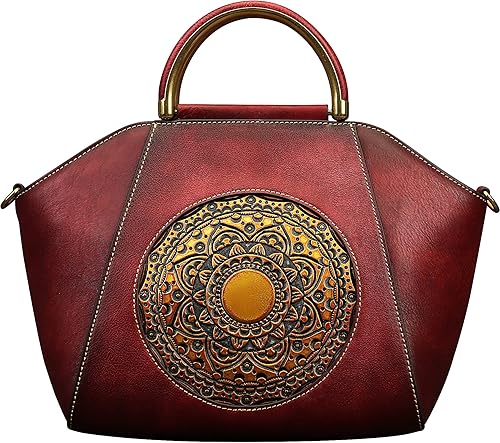 Bolsos de cuero genuino para mujer, organizador retro de cuero de curtido vegetal, bolso de hombro de tótem en relieve vintage