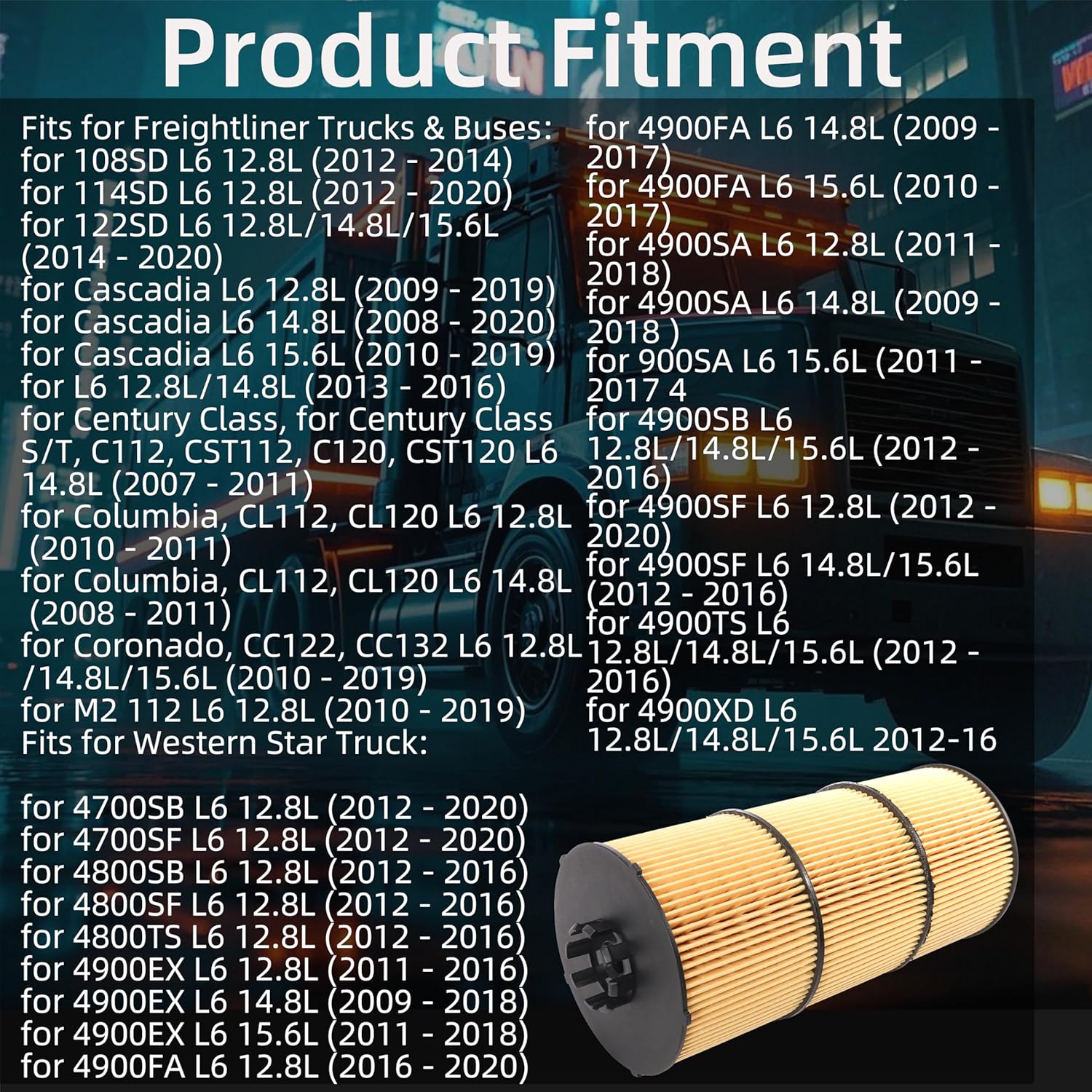 6 PCS LF17511 Oil/Lube Filter Fits for Freightliner Cascadia /114SD/122SD/108SD 2009-2020, for Western Star Trucks 4700SB/4700SF/4800TS/4900FA 2012-2020 Replaces# P551005 P7505 57909