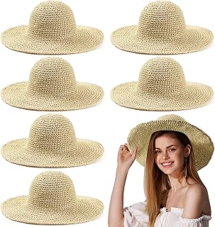 Bonuci 6 Pack Paper Straw Sun Hats for Women - Foldable Packable Wide Brim Floppy Bucket Beach Hats Breathable Crochet Scarecrow Style