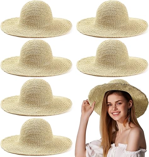 Bonuci Sombrero de paja flexible plegable plegable de ala ancha espantapájaros sombrero transpirable ganchillo cubo playa sombrero 6 piezas