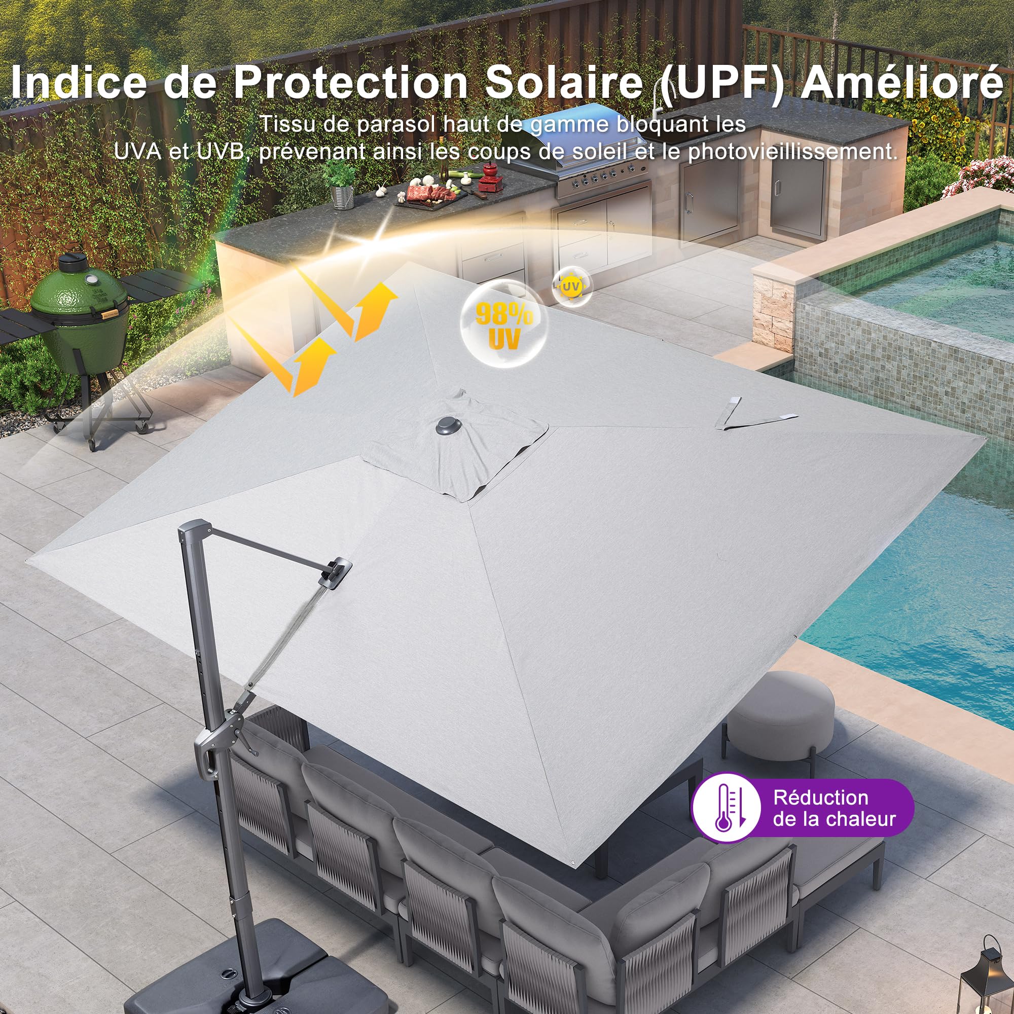 PURPLE LEAF Parasol Déporté 2,7 x 3,5 m Toile Simili-Acrylique Gris clair | Toile 240 g/m² UPF 50+, 2x plus résistant, Amovible et lavable, Inclinaison 6 positions, Rotation à 360°, Parasol de jardin