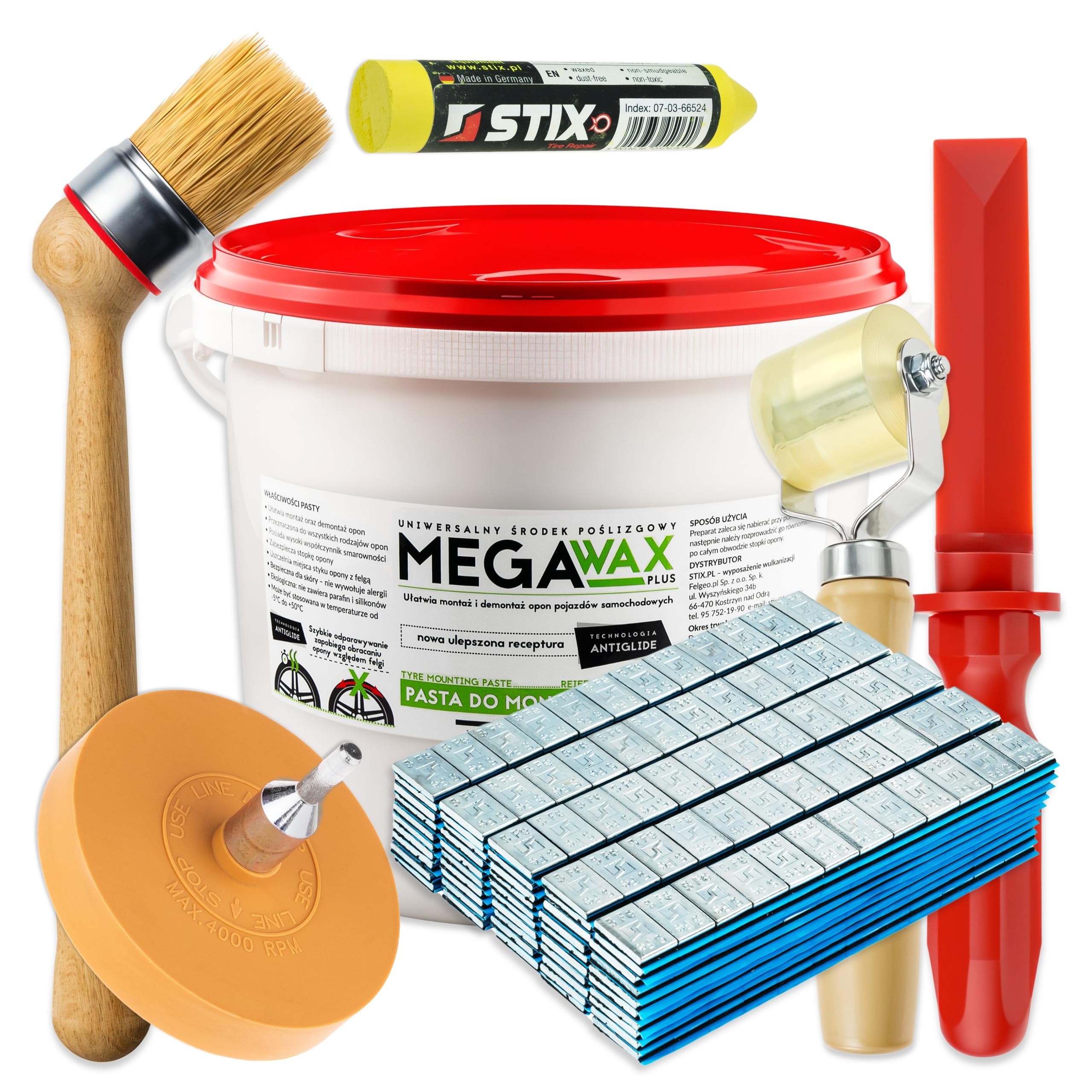Stix ZW 10 - Juego completo de cambio de neumáticos (7 piezas, con pasta de montaje de 5 kg, pesos adhesivos, cepillo para válvulas, goma de borrar, herramienta de limpieza de llantas)