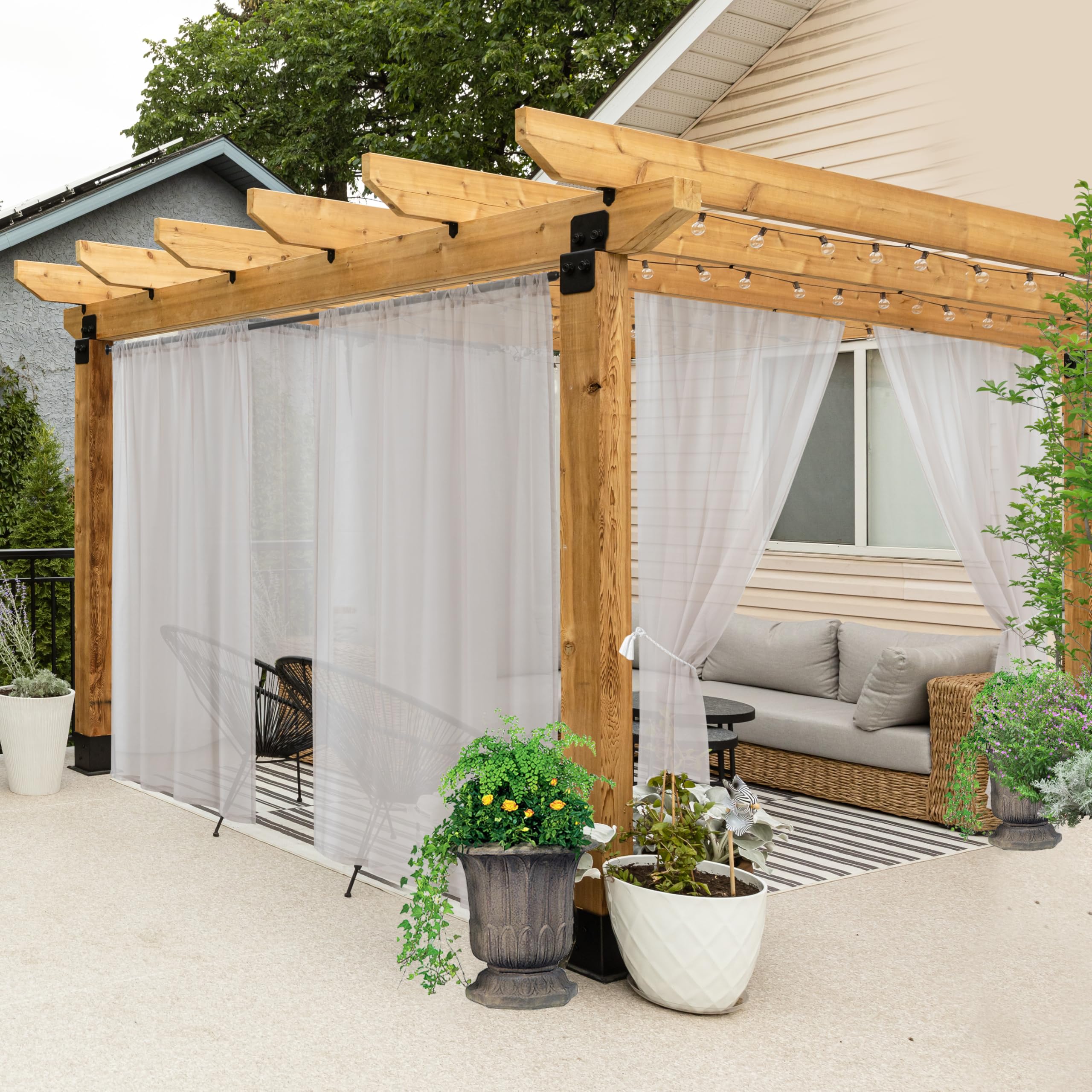 HolidayIdeas All Weather Outdoor Patio Curtains 6 Pcs Linen Look Rod Pocket Sheer Outdoor Curtains for Porch, Balcony, Gazebo, Pergolas,Cabana,Cloud