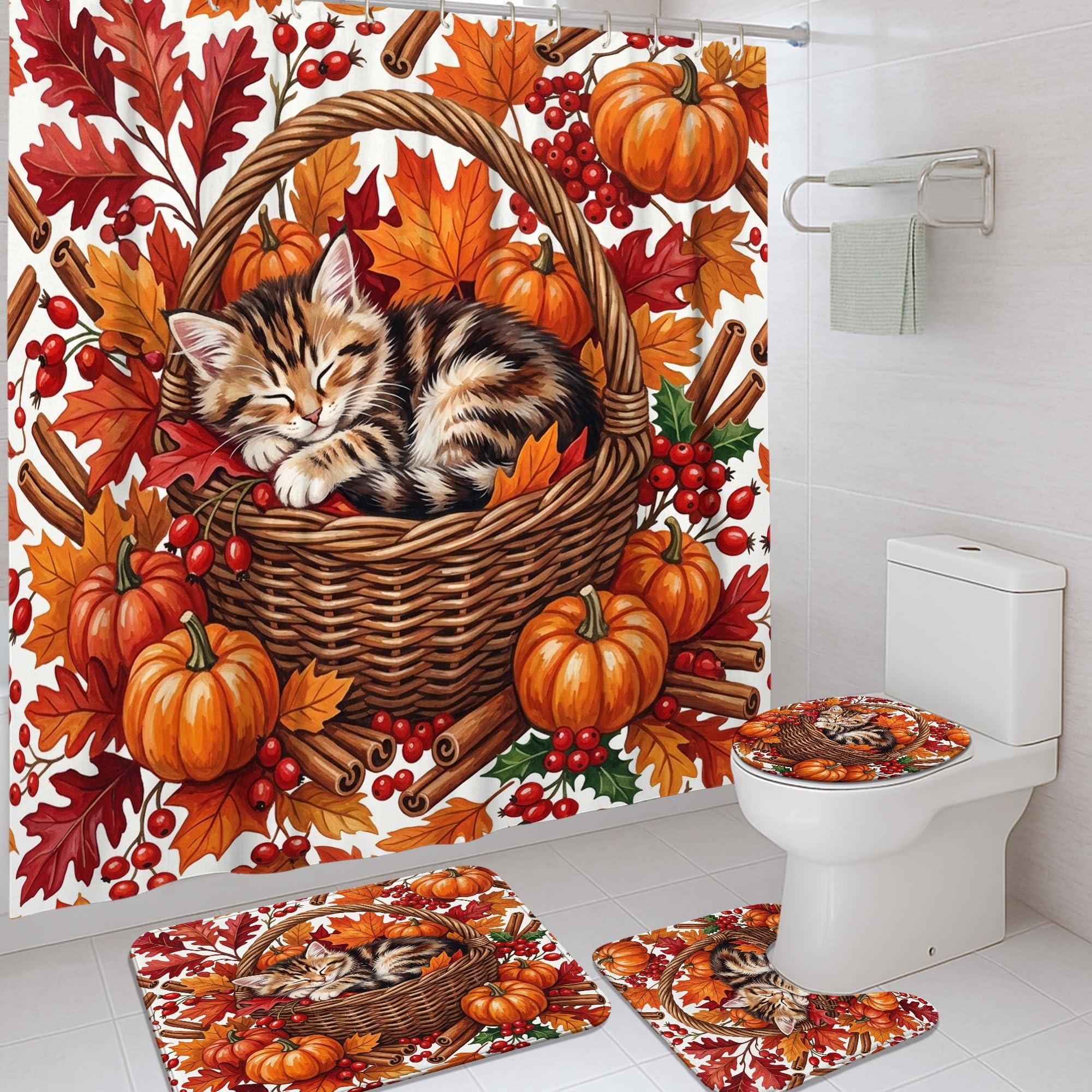 Rideau de douche chat et citrouilles d'automne orange 183x183 cm