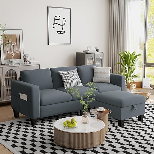 Miniatura 4 de ZeeFu Sofá modular convertible, sofá clásico en forma de L de 3 asientos con otomana móvil, moderno sofá seccional tapizado de tela de terciopelo