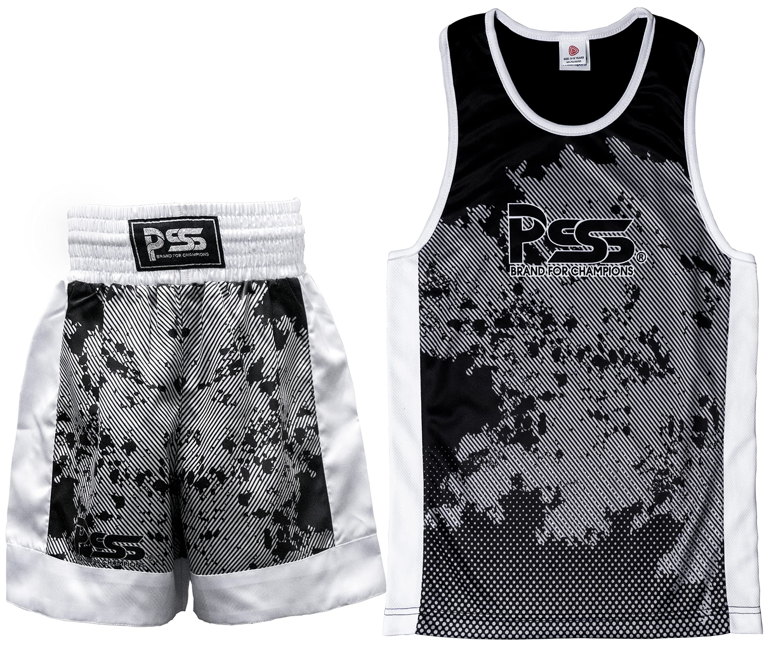 PSS Ensemble Boxe Enfants 3 à 14 Ans Short + Débardeur Tenue Boxe Kick Boxing Muay Thai Design Sublimation, Noir, Rouge & Bleu, Haut Short boxe enfant 3 4 5 6 7 8 9 10 11 12 13 14 ans