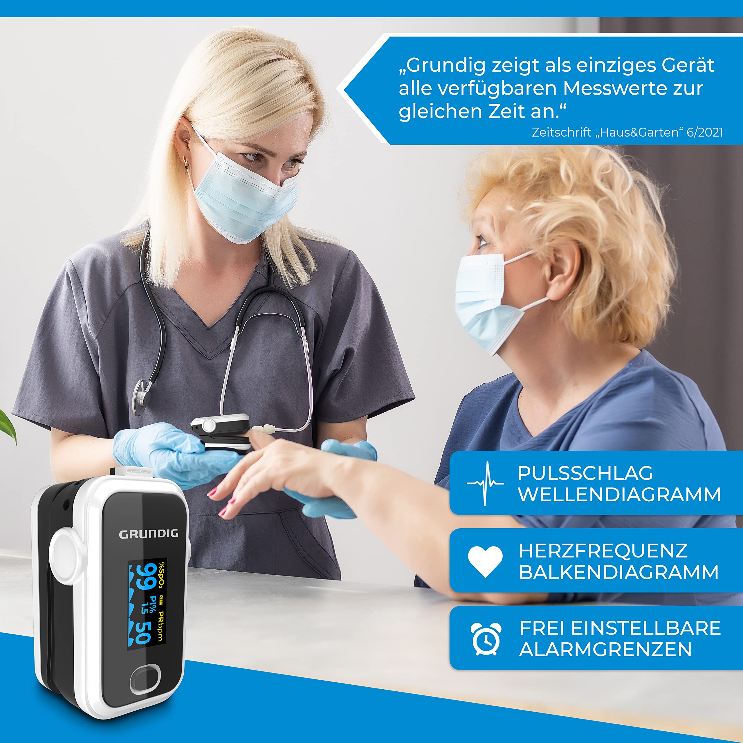 GRUNDIG Pulsoximeter Sauerstoffsättigung Oximeter TESTSIEGER - Hochpräzises Fingeroximeter Messgerät zur genauen Messung der Sauerstoff Sättigung im Blut - Finger Messgerät Pulsmesser (schwarz weiß)