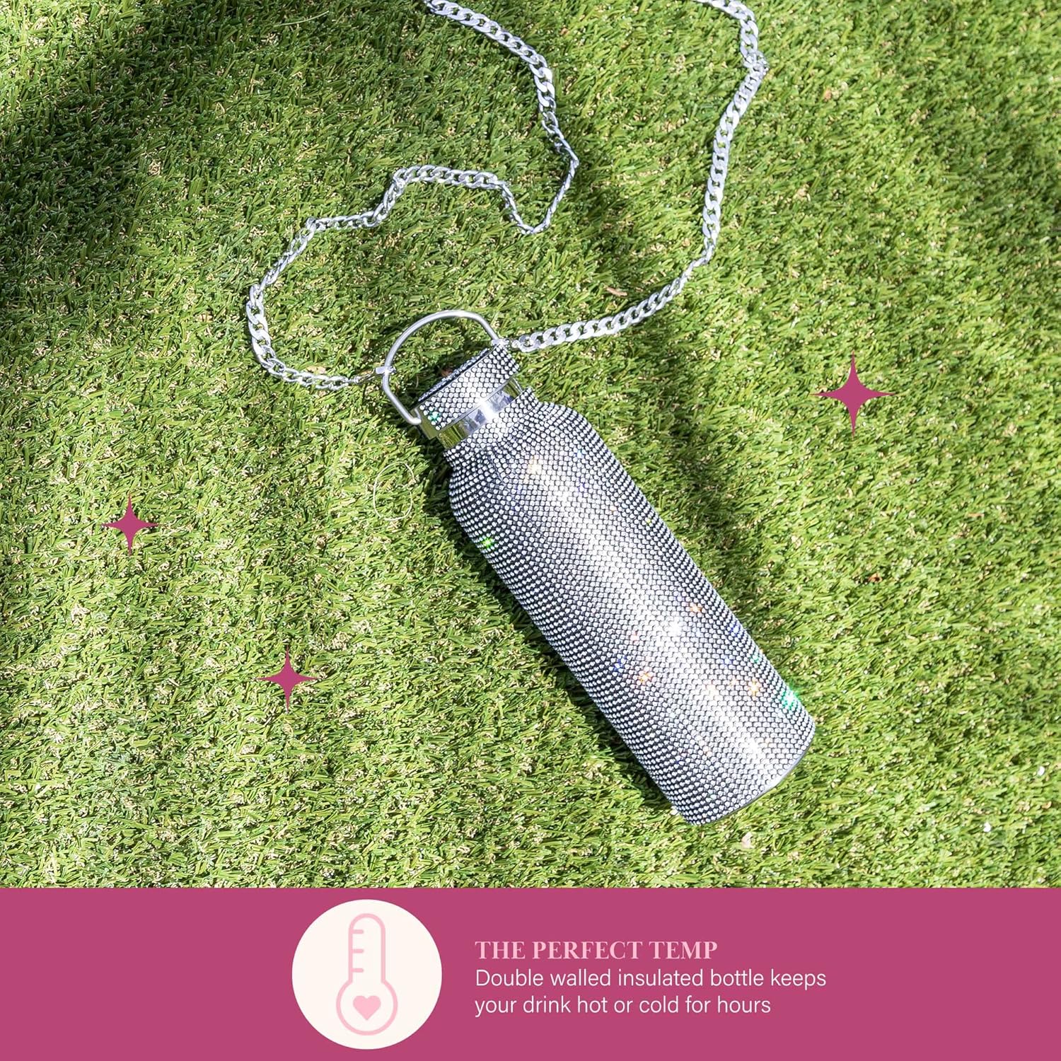 Paris Hilton Diamond Bling Water Bottle With Lid And Removable Carrying Strap, Stainless Steel Vacuum Insulated, Bedazzled With Over 5000 Rhinestones, 25-Ounce, Silver