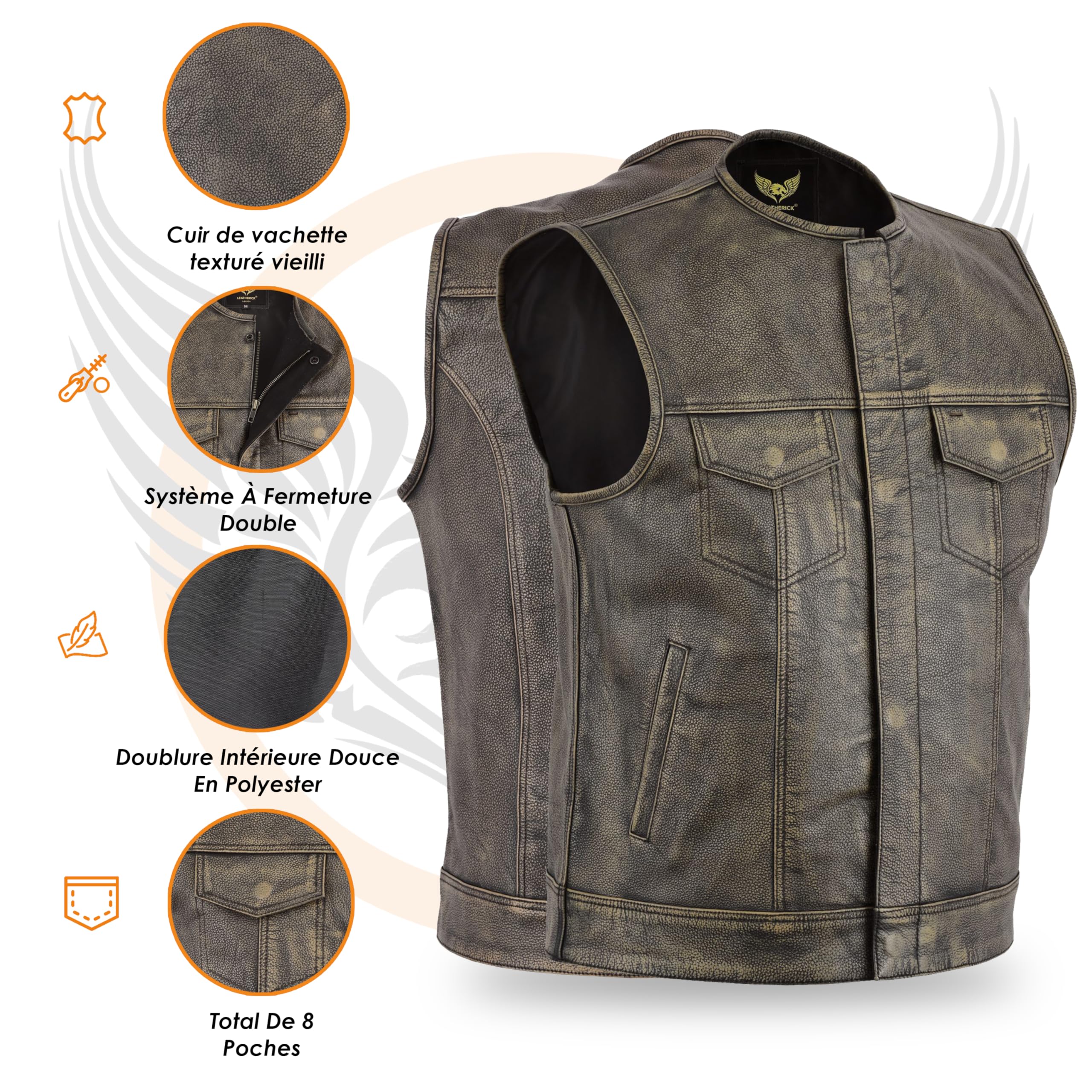 Leatherick Gilet de motard à grain supérieur pour hommes en détresse sans col marron pour l'équitation et la mode coupe de style