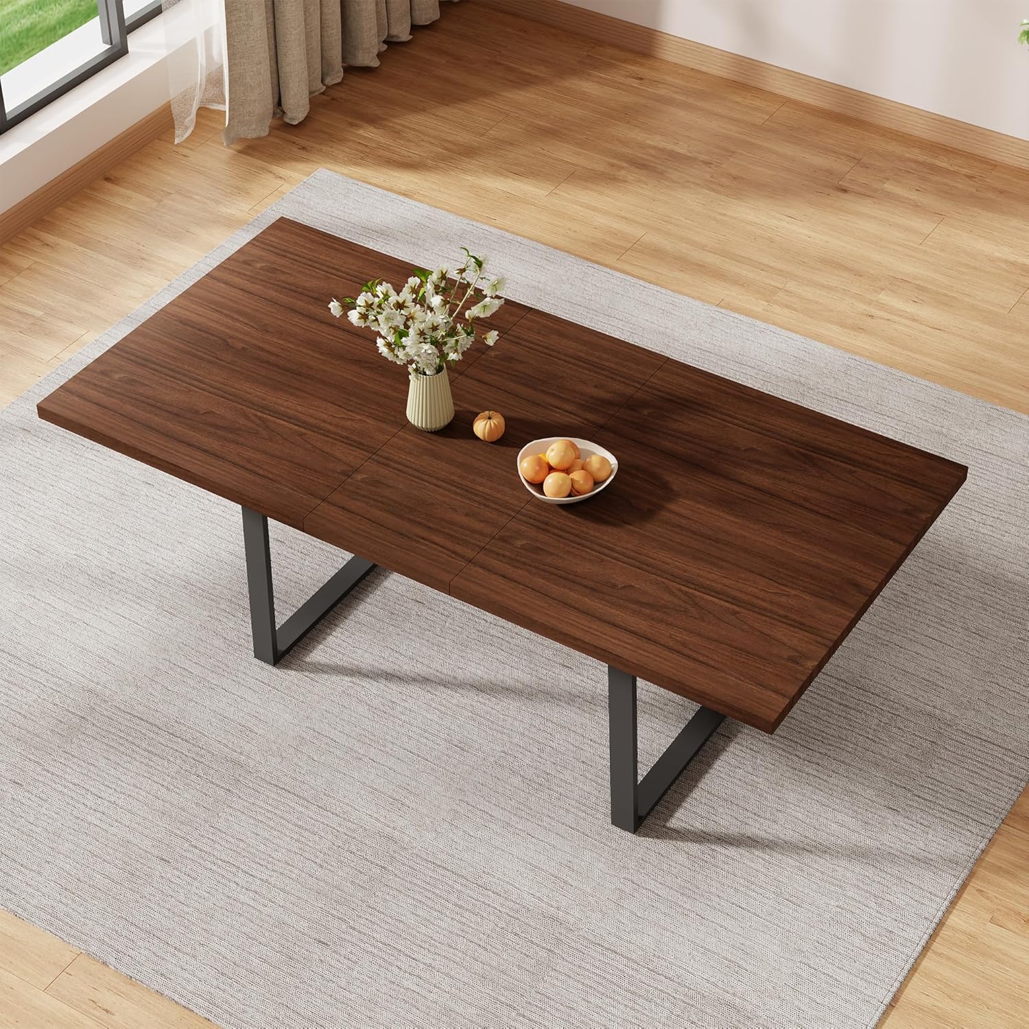 ZckyCine 63''-79'' Extendable Dining Table for 6-8 People, Walnut Finish Modern Rectangular Kitchen Table with Metal Legs, Expandable Dinner Table for Dining Room or Kitchen