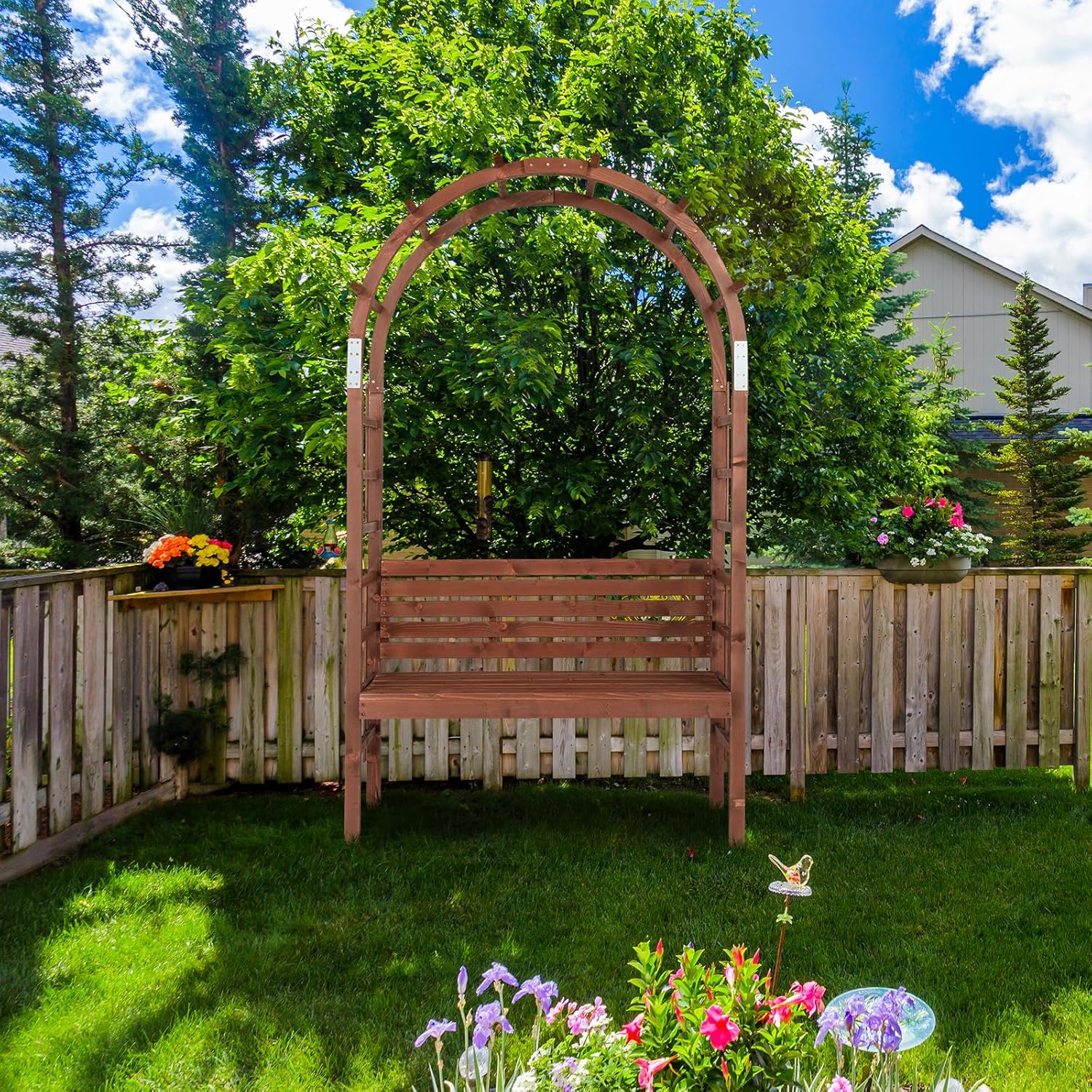 6.8ft Garden Arch Heavy Duty (Holds 660lbs-250kg) | Wooden Arbor Archway for Climbing Plant & Two People Seat Bench |Outdoor Lawn Backyard Decor, Garden Arch Arbor with Entry Bench