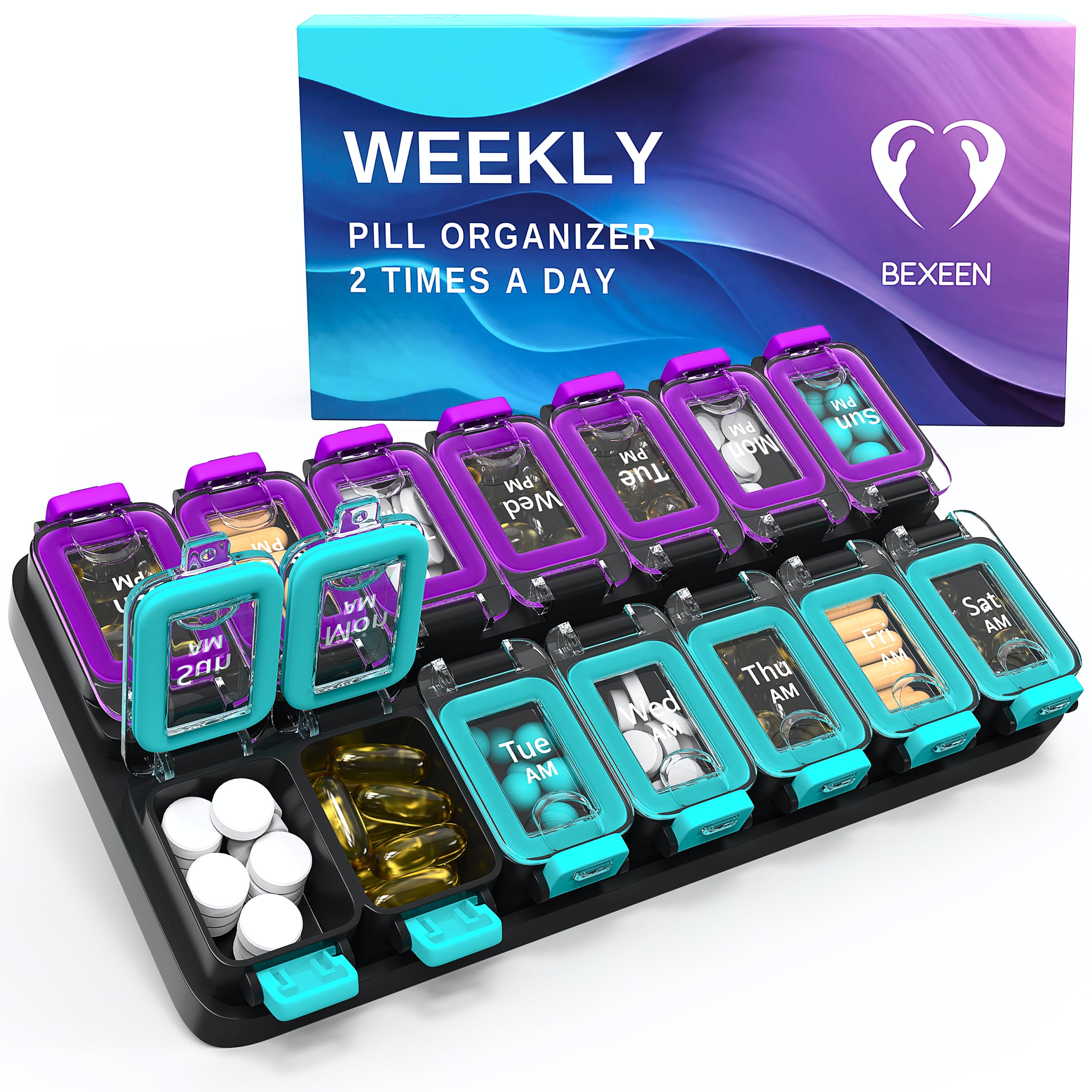 Extra Large Weekly Pill Organizer 2 Times A Day - Airtight Pill Box 7 Day - Am Pm Vitamin Case - Medicine Container Two Week Supplement Holder Daily Medication Storage Twice Med XL Green/Purple