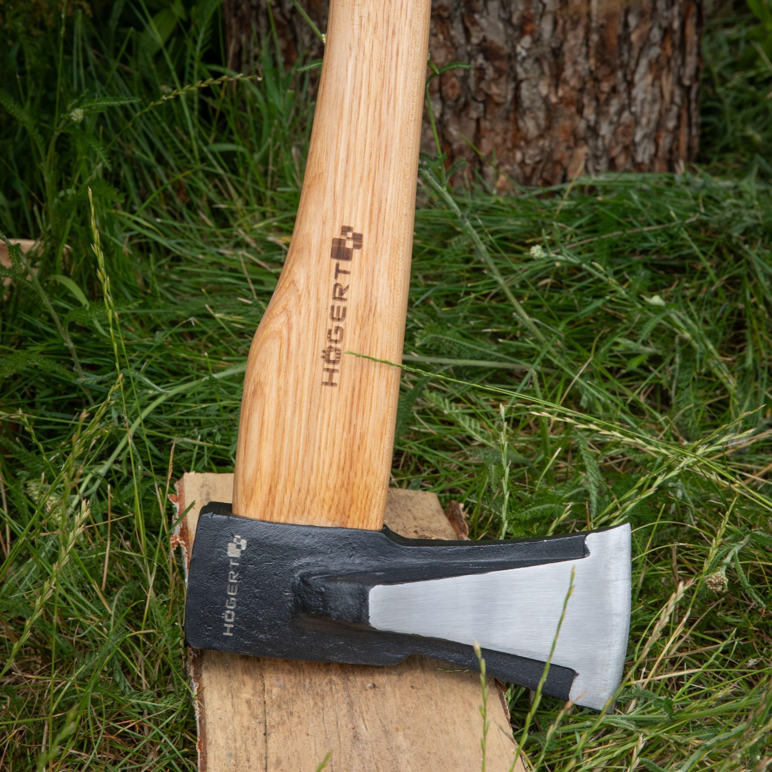 HÖGERT TECHNIK Siekiera rozłupująca 2000 g, drewniany uchwyt hikory, stal hartowana, 47-55 HRC, powłoka UV, mocowanie klinowe, dodatkowa stabilność, idealna do rozłupywania pni drzew i drewna