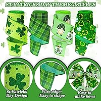 Vista 3 de Whaline St. Patrick's Day Wired Edge Ribbon Green Shamrock Clover Gnome Plaid Fabric Wrapping Ribbon for Irish Holiday DIY Bow Wreath Crafts Making