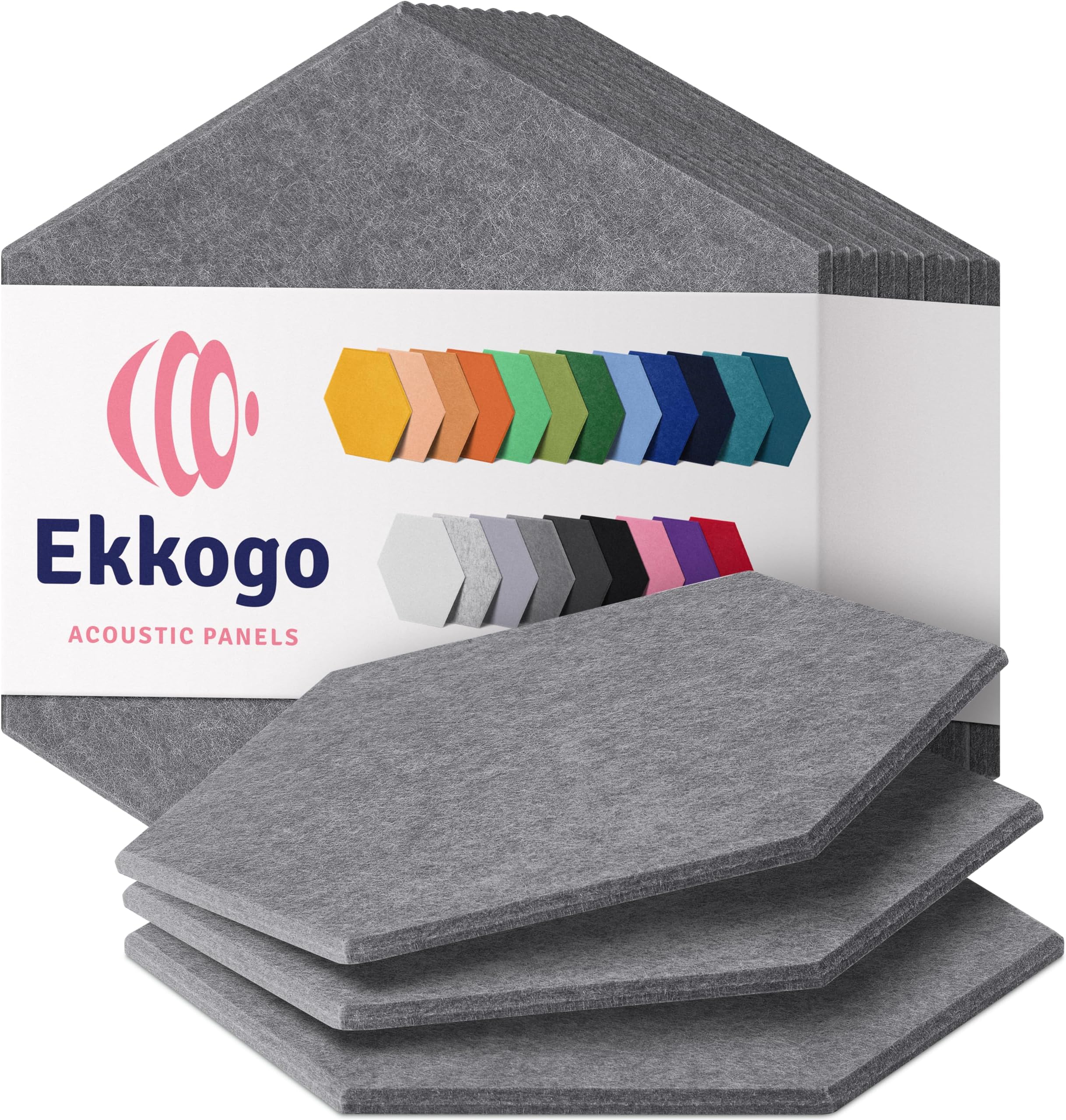 Ekkogo Acoustic Panels 12-Pack Soundproof Wall Panels 14''X13''X0.4'' Sound Panels High Density Sound Dampening Panels - [Pebble Gray Hexagon]