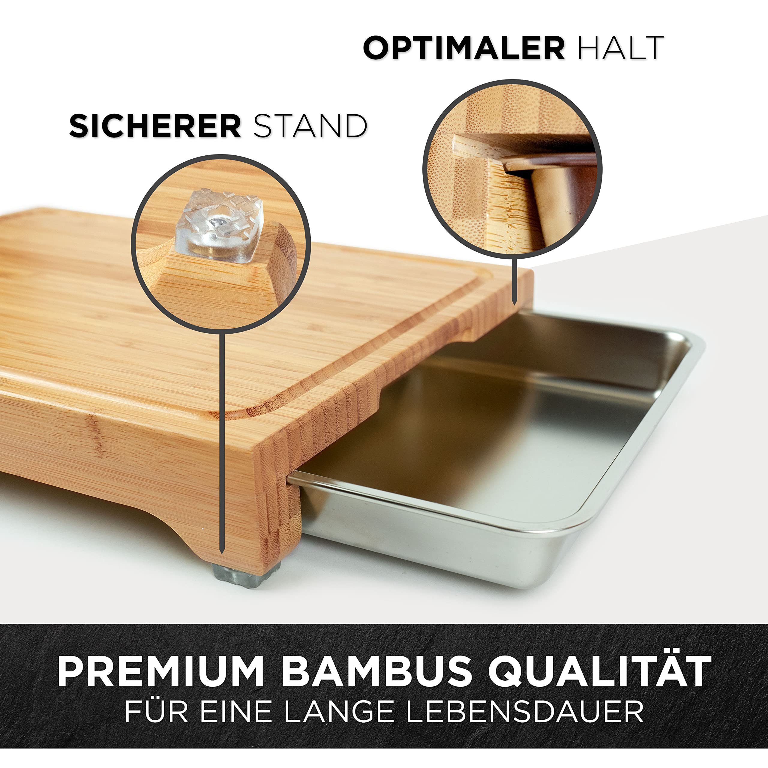 Bolson Bambus Schneidebrett mit 2 Auffangschalen - Bambus Holzbrett mit hochwertigen Edelstahl Auffangwannen - Praktischer Küchenhelfer mit 2 robusten Behältern - Plus 12 Gratis Rezepte & Tipps