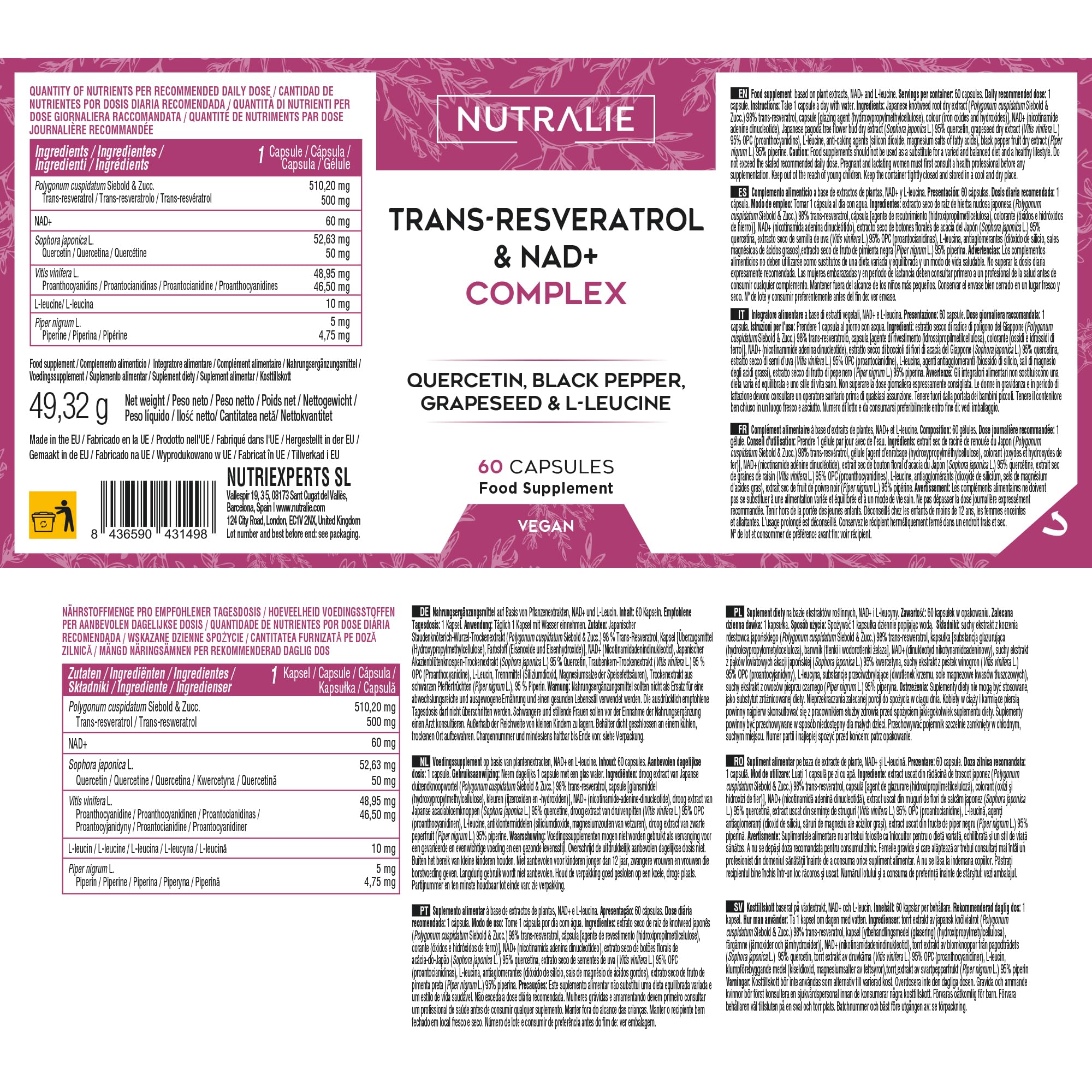 Trans Resvératrol NAD+ 686mg Complex - Quercétine Pipérine Pépins de Raisin (OPC) L-Leucine - Complément Alimentaire Revératrol - 60 Gélules Nutralie