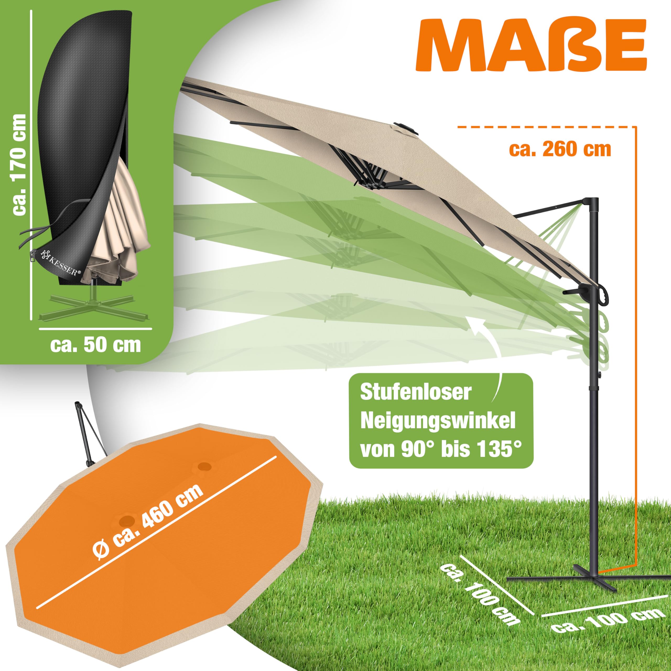 KESSER Ombrellone doppio, 4,6 m x 2,7 m, copertura per ombrellone e protezione antivento con manovella e supporto, in alluminio impermeabile, inclinabile, girevole a 360°, beige., Ohne LED