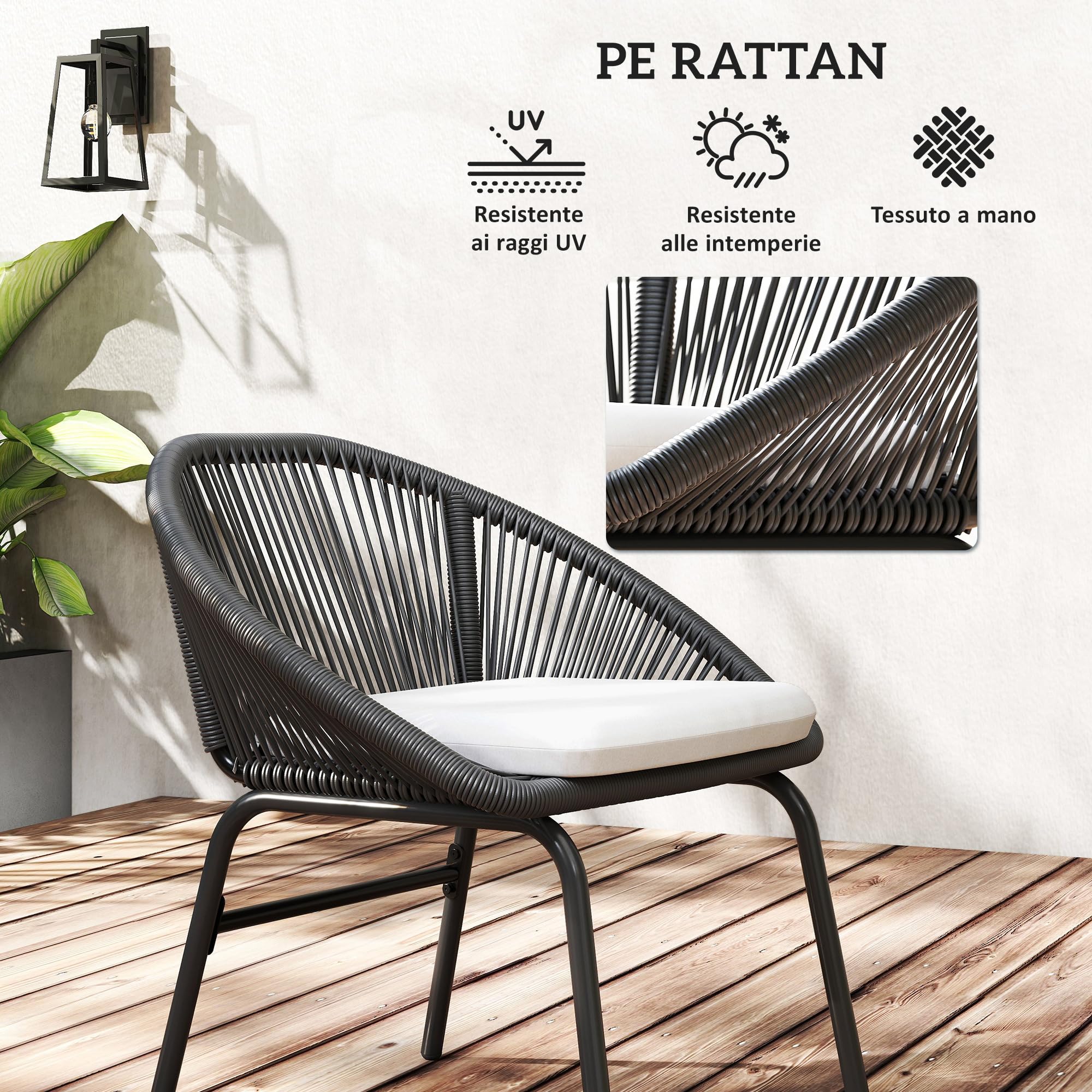 Outsunny Set da Giardino 3 Pezzi Tavolo e Sedie da Balcone Nero | Salotto da Giardino, 2 Sedie con Cuscino, Tavolino Acciaio Rattan PE, Terrazza