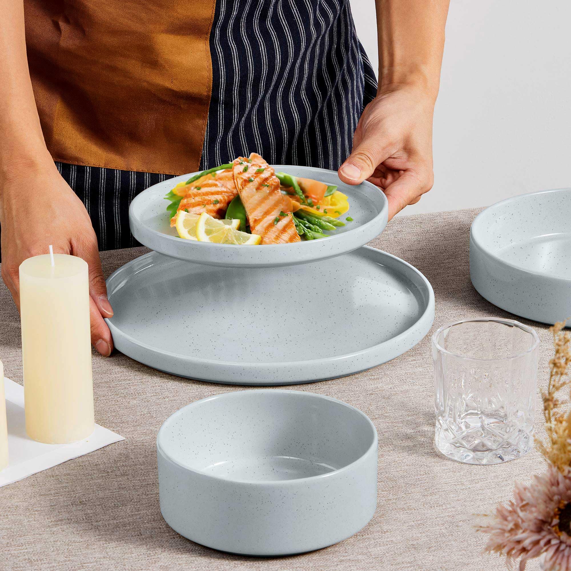 Herogo Geschirr-Set mit Salatschüsseln, 8-teiligen Tellern und Schüsseln für 2 Personen, Keramik, Steingut für Küche, spülmaschinen- und mikrowellengeeignet, mehrfarbig gesprenkelt