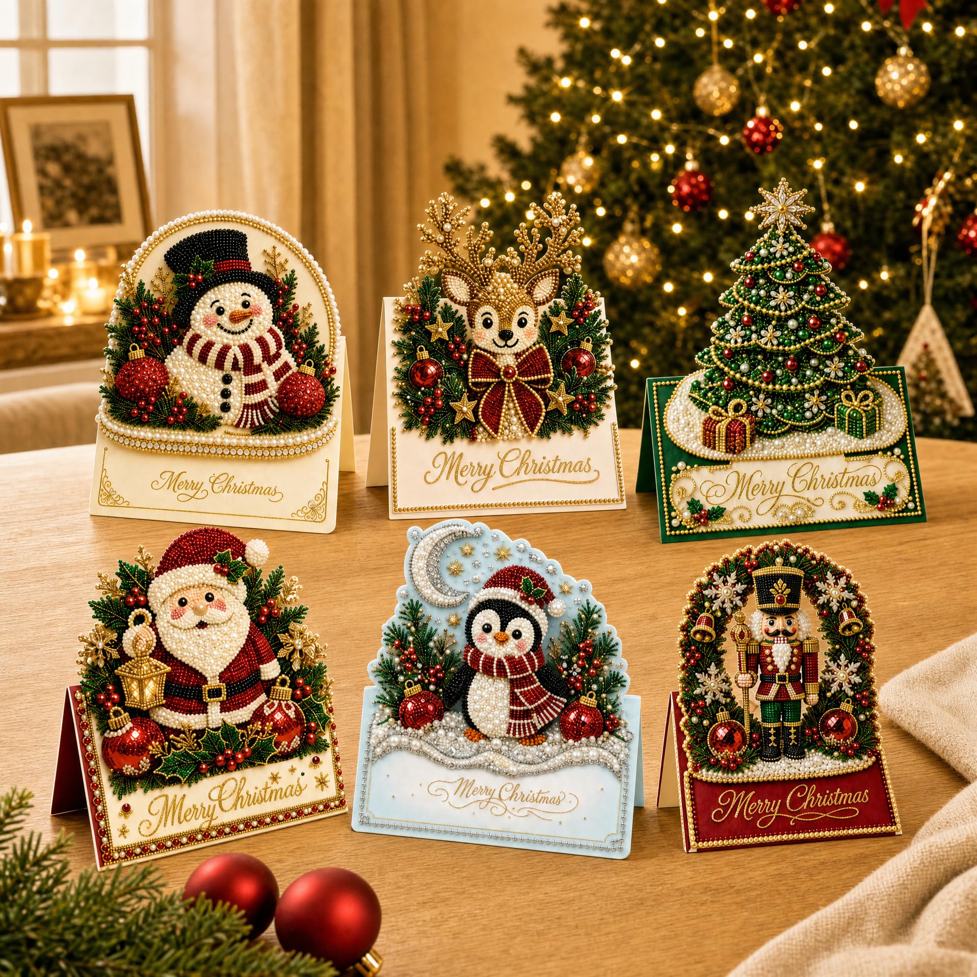 6pcs DIY Pearl Diamond Art Painting Christmas Cards with Envelopes，#A
