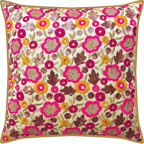 Craftbot Fundas de almohada bordadas  1 pieza  16 x 16 pulgadas  Bordado rojo y dorado  Almohadas indias de Bollywood  Funda de cojín de lujo  Funda