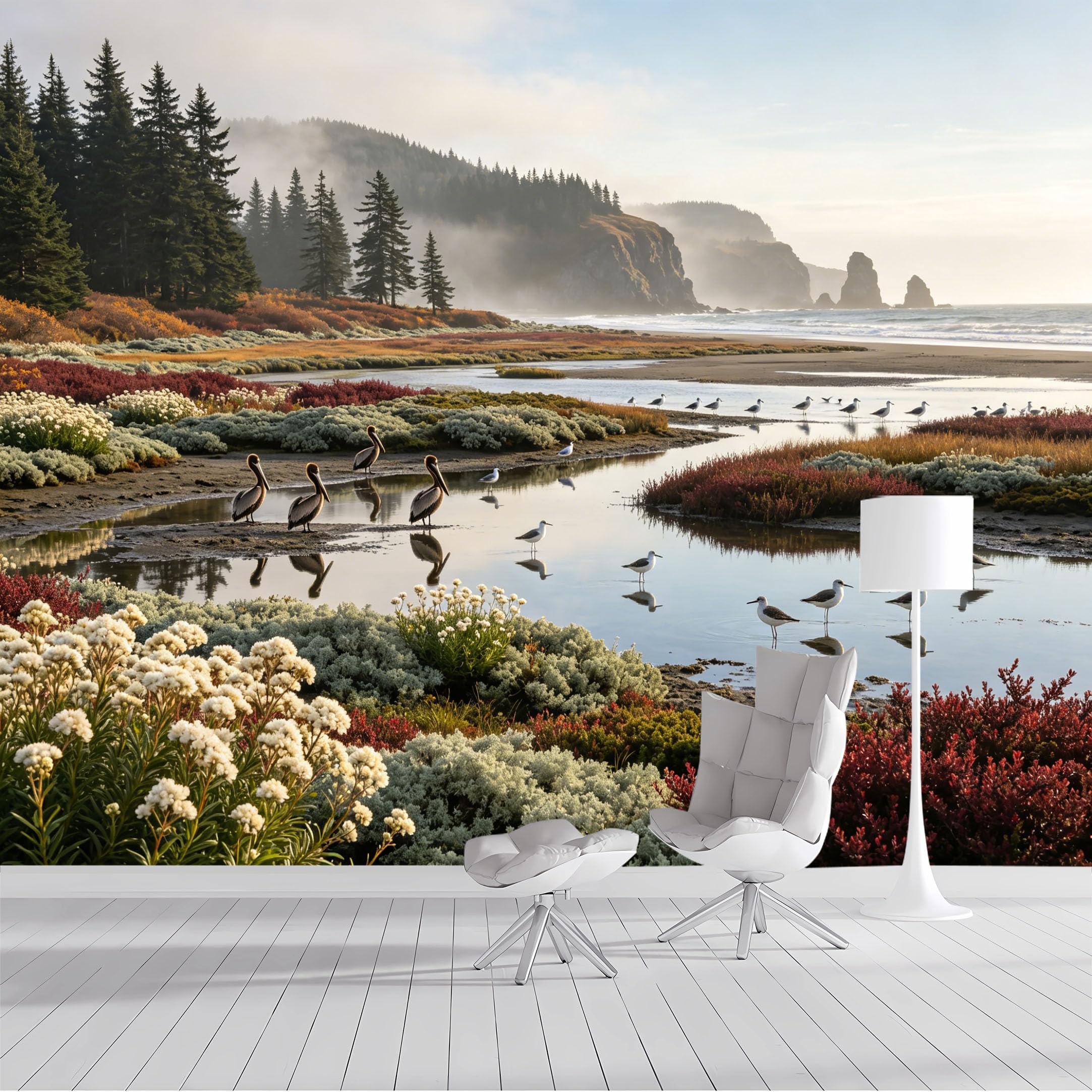 Custom Size Wall Mural Coastal Wetlands Wildlife Birds Seascape Landscape Watercolor SelfAdhesive Wall Fabric Removable Peel and Stick Wallpaper Wall Decor for Living Room Bedroom Bathroom