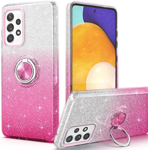 PeeTep Funda para Galaxy A52 5G para niñas y mujeres, delgada, con purpurina y soporte de anillo de 360, soporte magnético para automóvil,