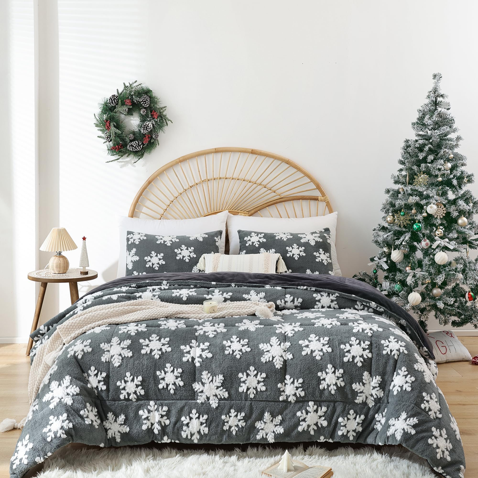 JANZAA Christmas Bedding Grey Comforter Queen Set Velvet Comforter Set with White Snowflake Stereoscopic 3 Pieces Queen Bedding Set Soft and Fluffy