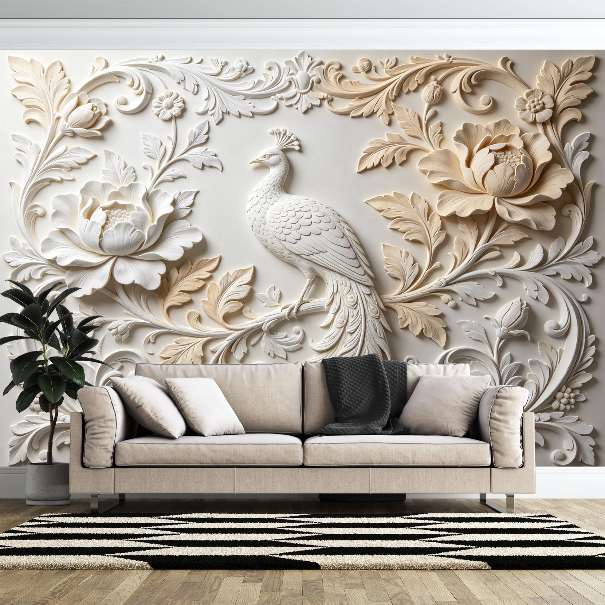 Papel Pintado Fotográfico De Lujo Oriental Elegante con Diseño De Pavo Real Blanco 320 × 230 cm (Ancho X Alto) Mural No Tejido para Revestimiento De Paredes De Sala De Estar Dormitorio Cocina Y F