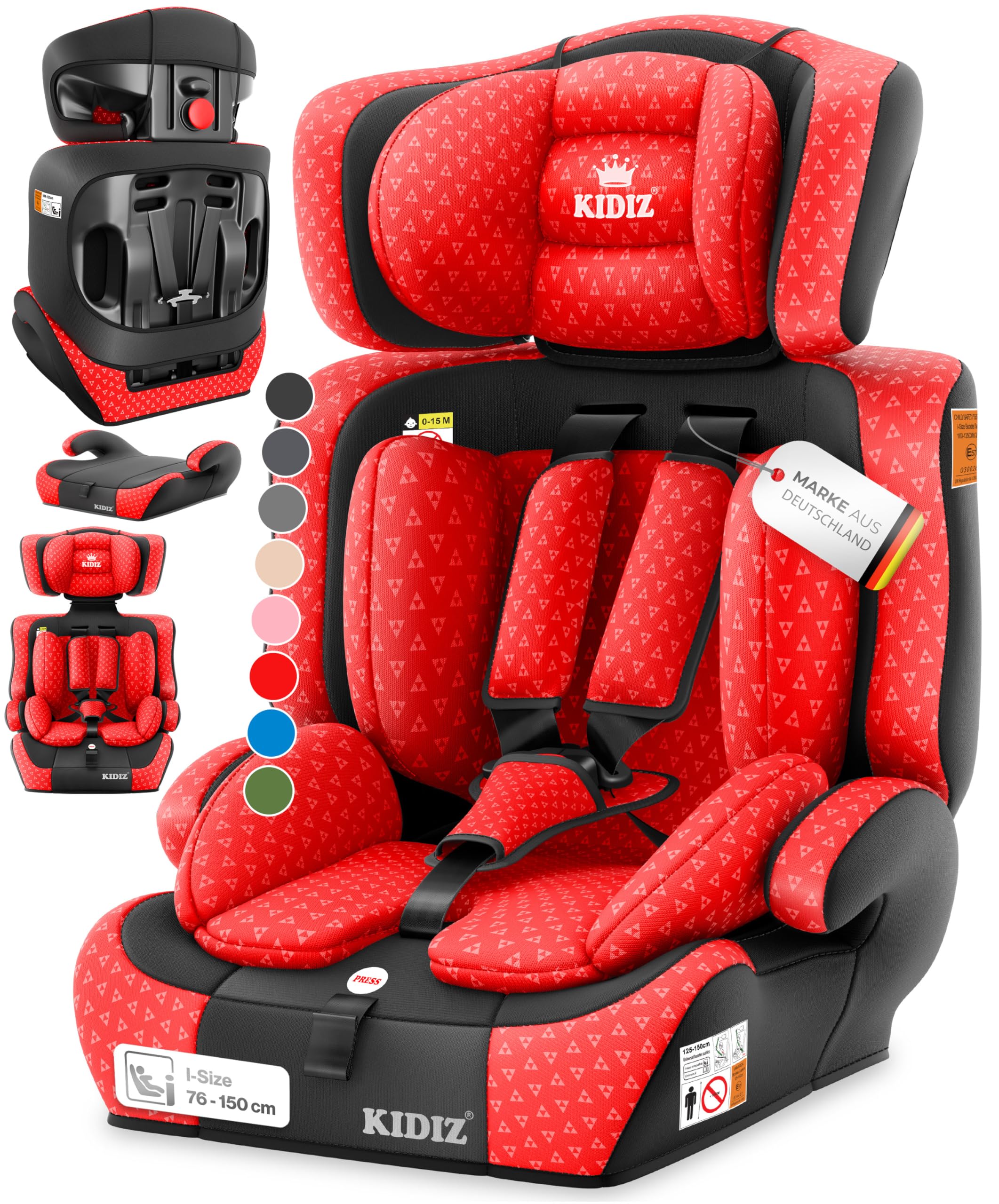 KIDIZ® Autokindersitz i-Size R129 100-150 cm bis 12 Jahre – Kinderautositz Gruppe 1/2/3 ohne Isofix, mitwachsender Kindersitz, 5-Punkt-Gurt, höhenverstellbare Kopfstütze, Sitzerhöhung Auto, Rot