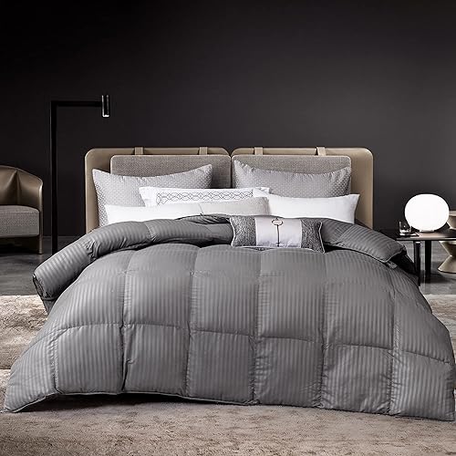 Down Alternative Comforter All Season Duvet Insert(Grey Stripe, Queen)-Ultra Soft Double Brushed Microfiber Quilt Cover, Classic Box Stitched 90x90 Comforter with Corner Tabs