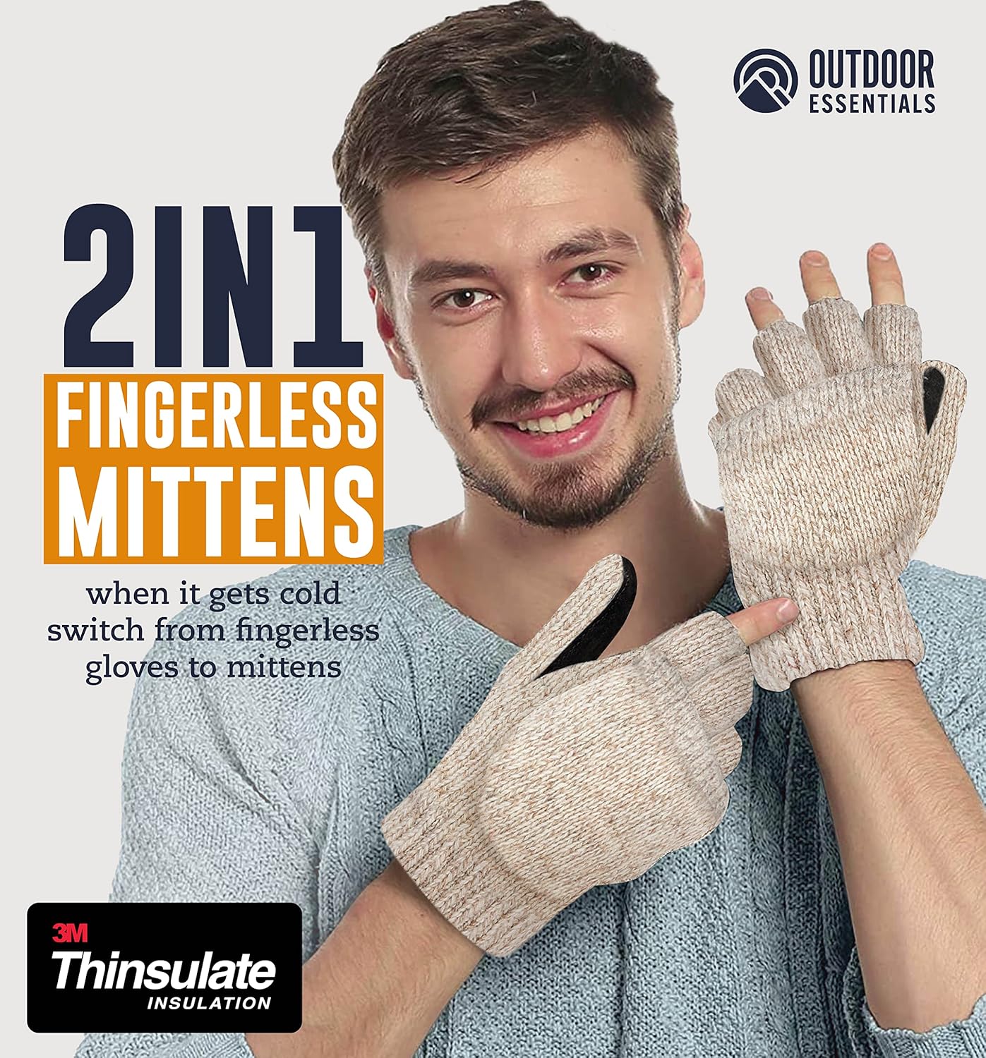 Miniatura 2 de Guantes de invierno sin dedos, guantes de lana convertibles para hombres y mujeres, guantes de nieve cálidos de punto térmico para clima frío