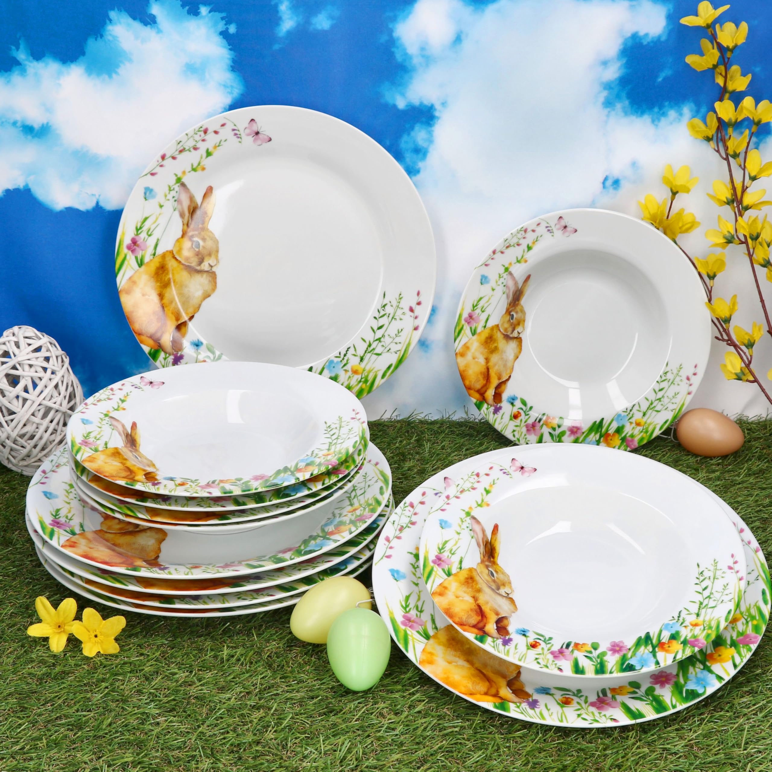 MamboCat Service de table 12 pièces Osterfreude I Vaisselle en porcelaine printanière avec décor lapin de Pâques pour 6 personnes I 6 assiettes creuses et 6 assiettes plates pour le petit-déjeuner, le