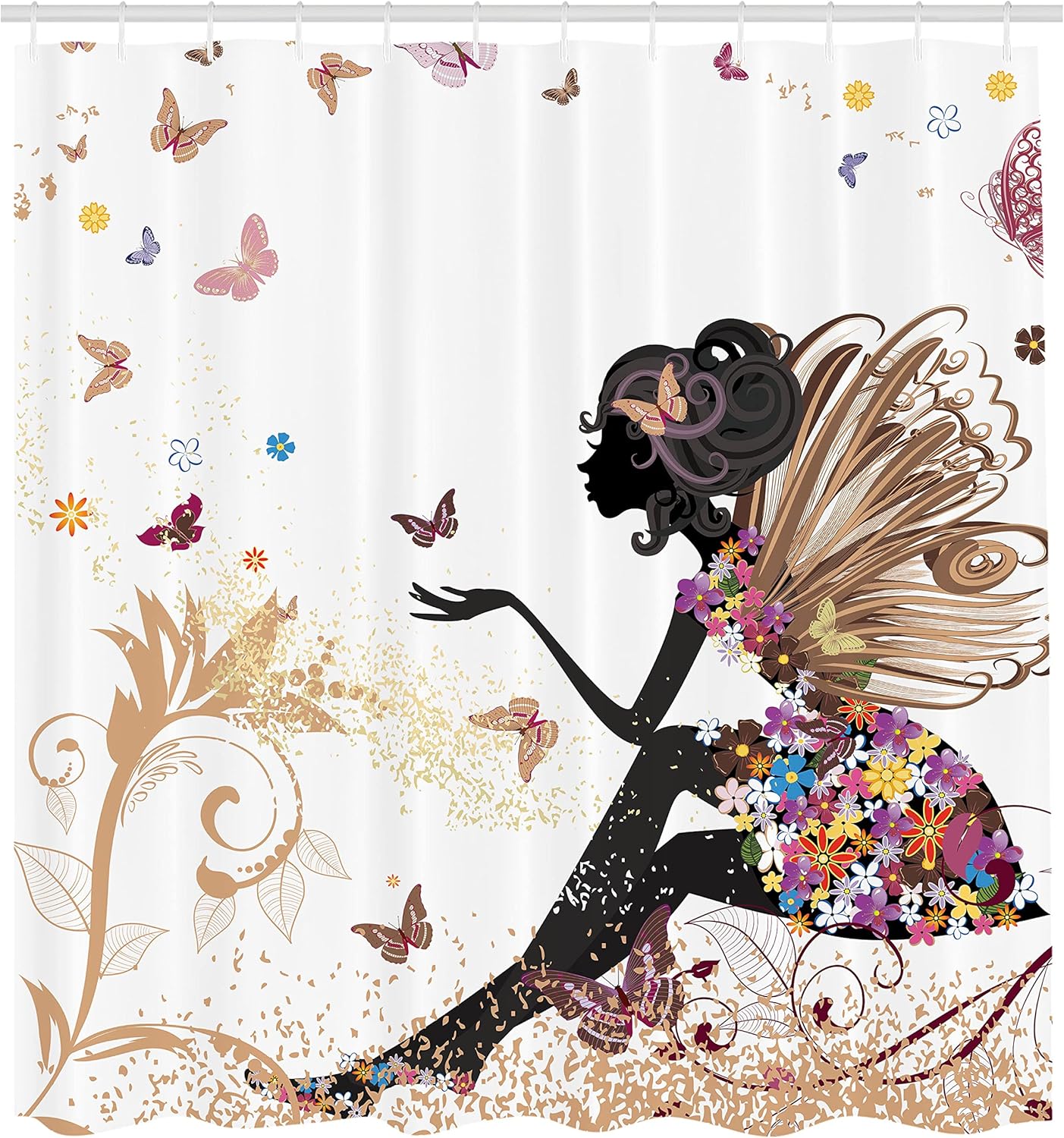Ambesonne Fantasy Shower Curtain, Spring Girl Wings in a Floral Dress Surreal Garden Butterflies Print, Cloth Fabric Bathroom Decor Set with Hooks, 69" W x 70" L, Almond Black