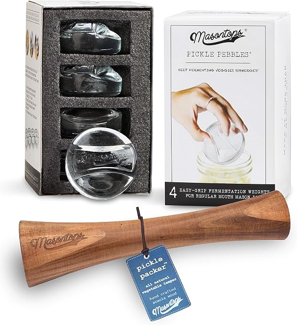 Masontops Pickle Packer Vegetable Tamper & Pickle Pebble Glass Weight Fermentation Tool Set - Regular Mouth Canning Kits